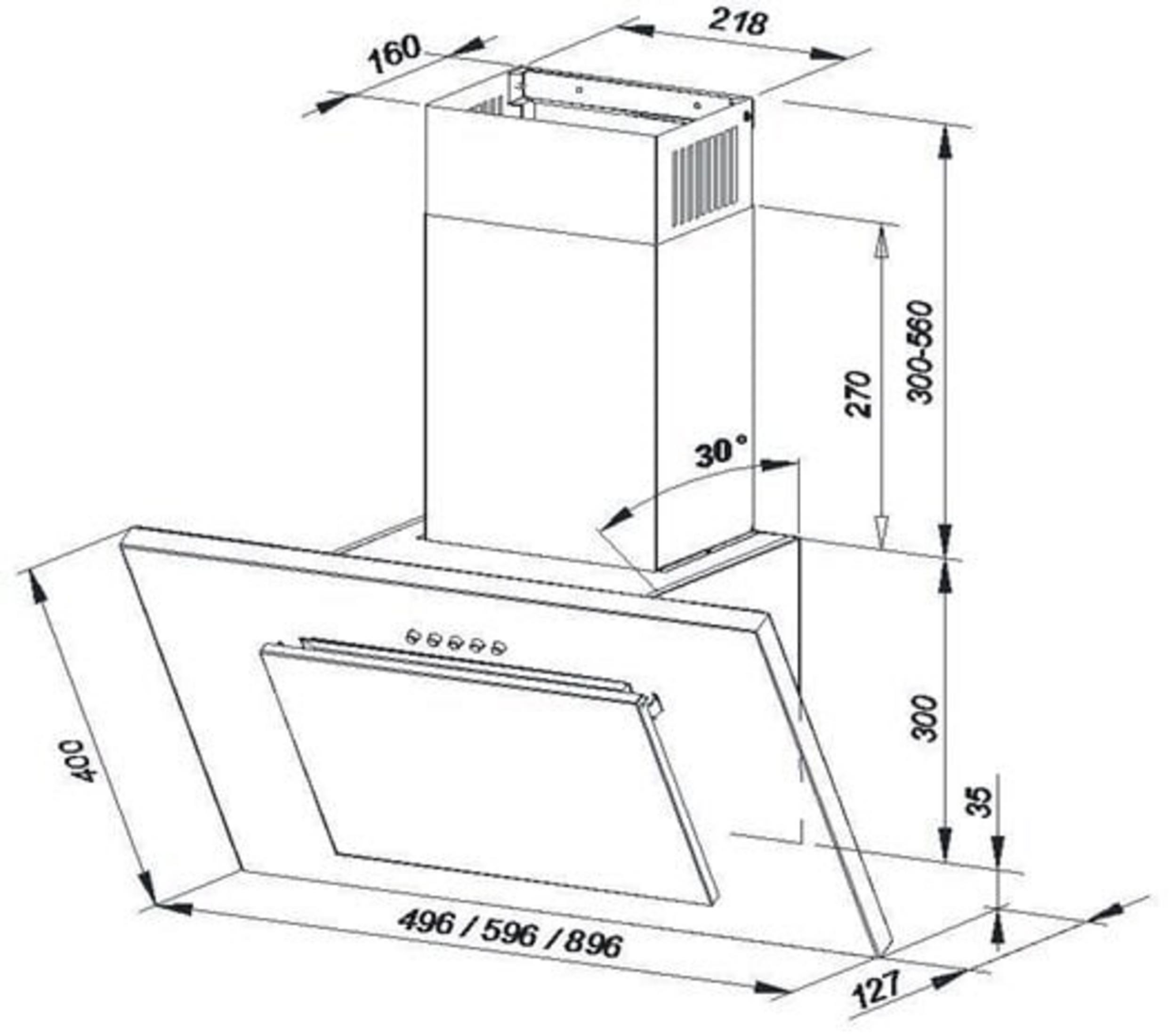 Rysunek techniczny okapu kuchennego z wymiarami.