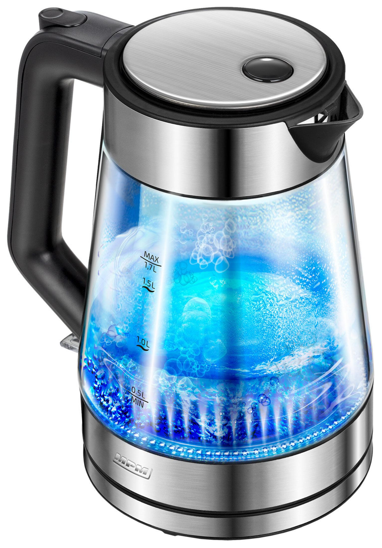 Un bollitore elettrico in vetro con manico nero, riempito di acqua blu e frizzante.