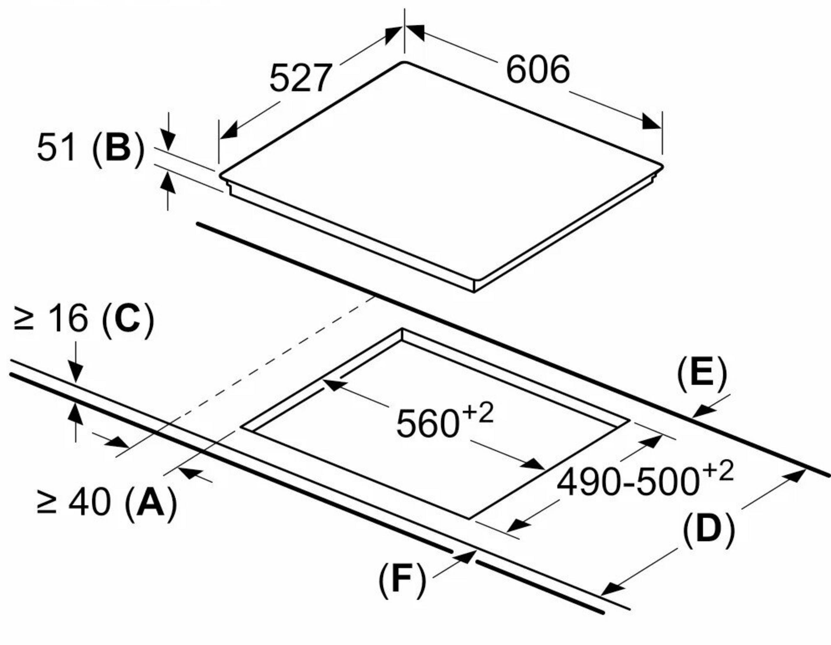 Diagram przedstawia wymiary urządzenia. Widok z góry 527x606mm. Wycięcie 560x490-500mm.