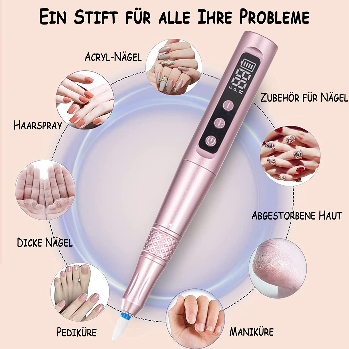Pinker Nagelbohrer mit Bildern von Maniküre, Pediküre, Acrylnägeln und rauer Haut.