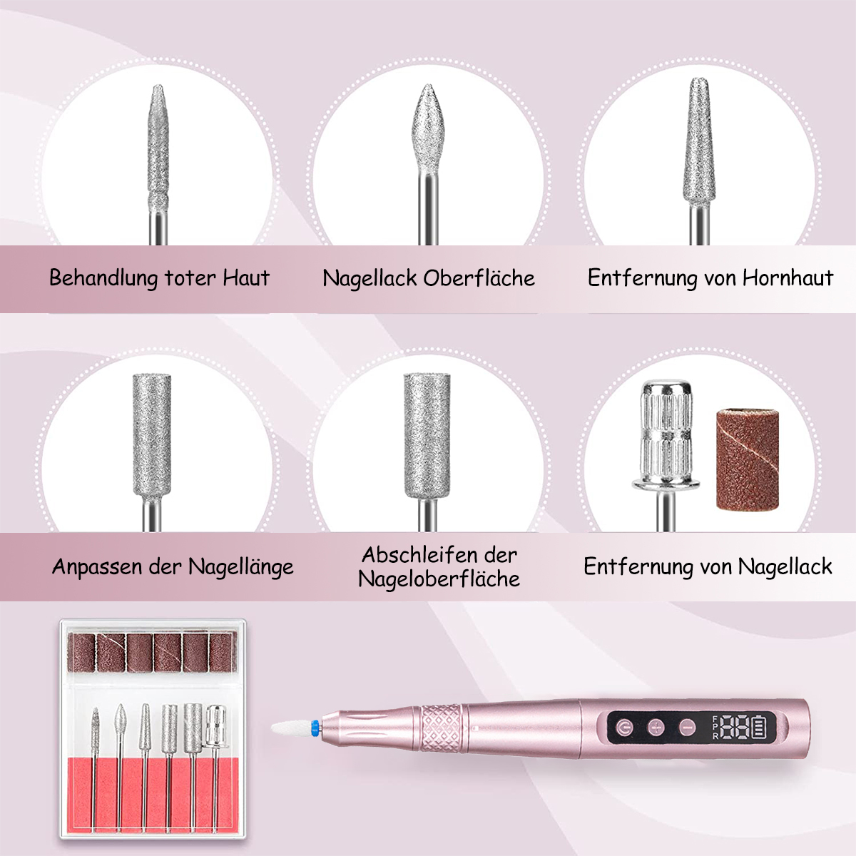 Nagelpflege-Set mit Fräseraufsätzen und elektrischem Nagelfräser.