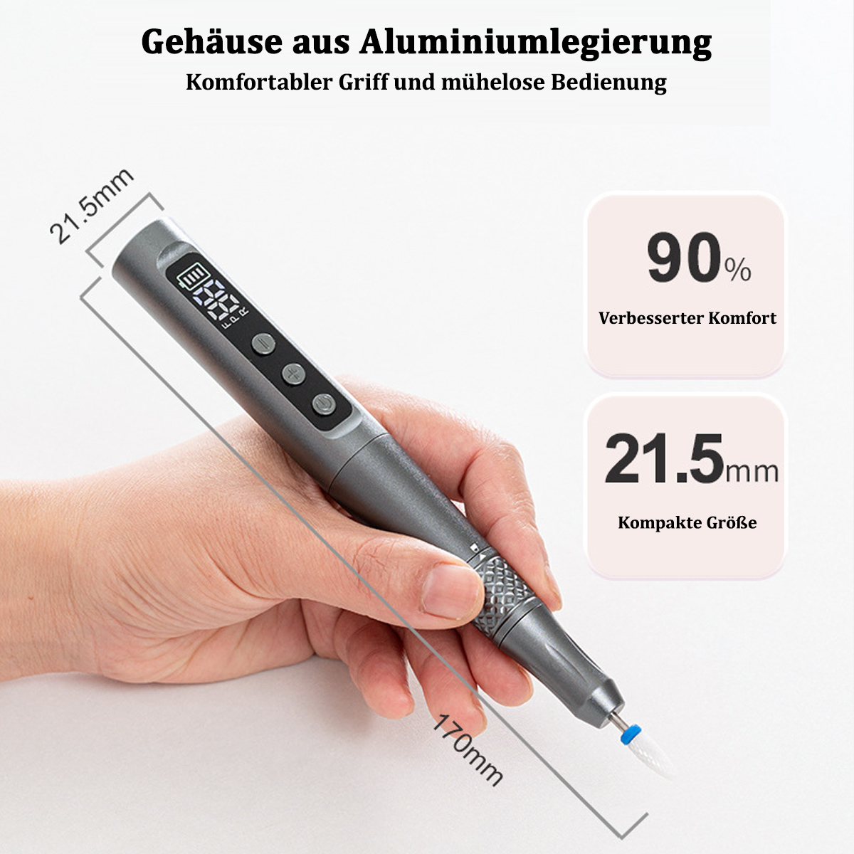 Hand hält graue elektrische Nagelfräse. Maße 21,5 mm Breite, 170 mm Länge gezeigt.
