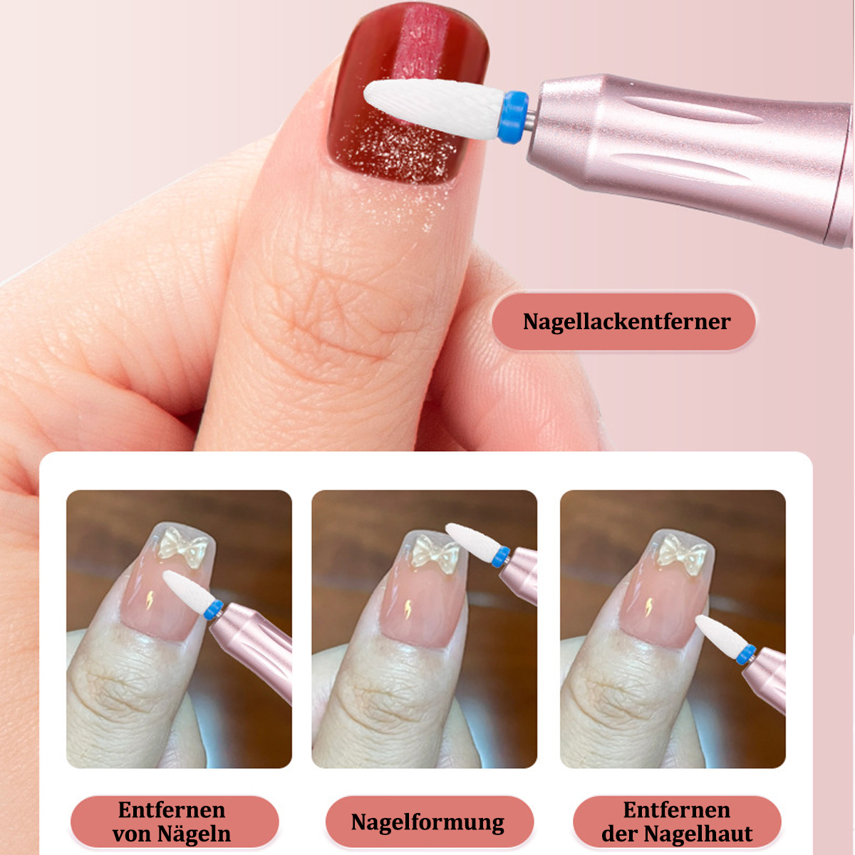 Ein Nagelbohrer entfernt Nagellack von einem Fingernagel. Drei kleinere Bilder zeigen Nagelformung und Nagelhautentfernung.