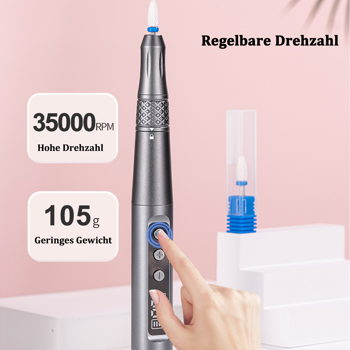 Grauer Nagelfräser mit blauen Akzenten, 35000 RPM, 105g. Hand drückt Knopf.