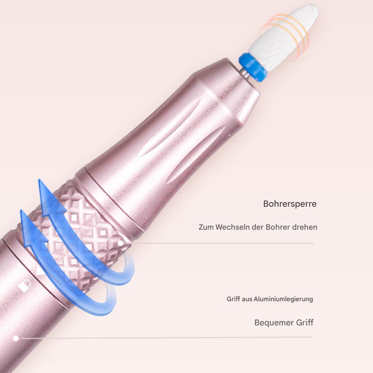 Rosergoldene Nagelbohrmaschine mit weißem Bohrer. Pfeile zeigen Rotation.