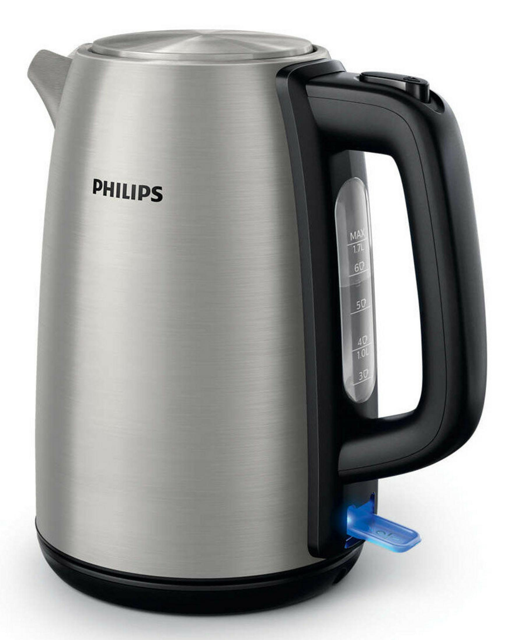 Brushed stainless steel Philips kettle with black handle and blue illuminated power switch.