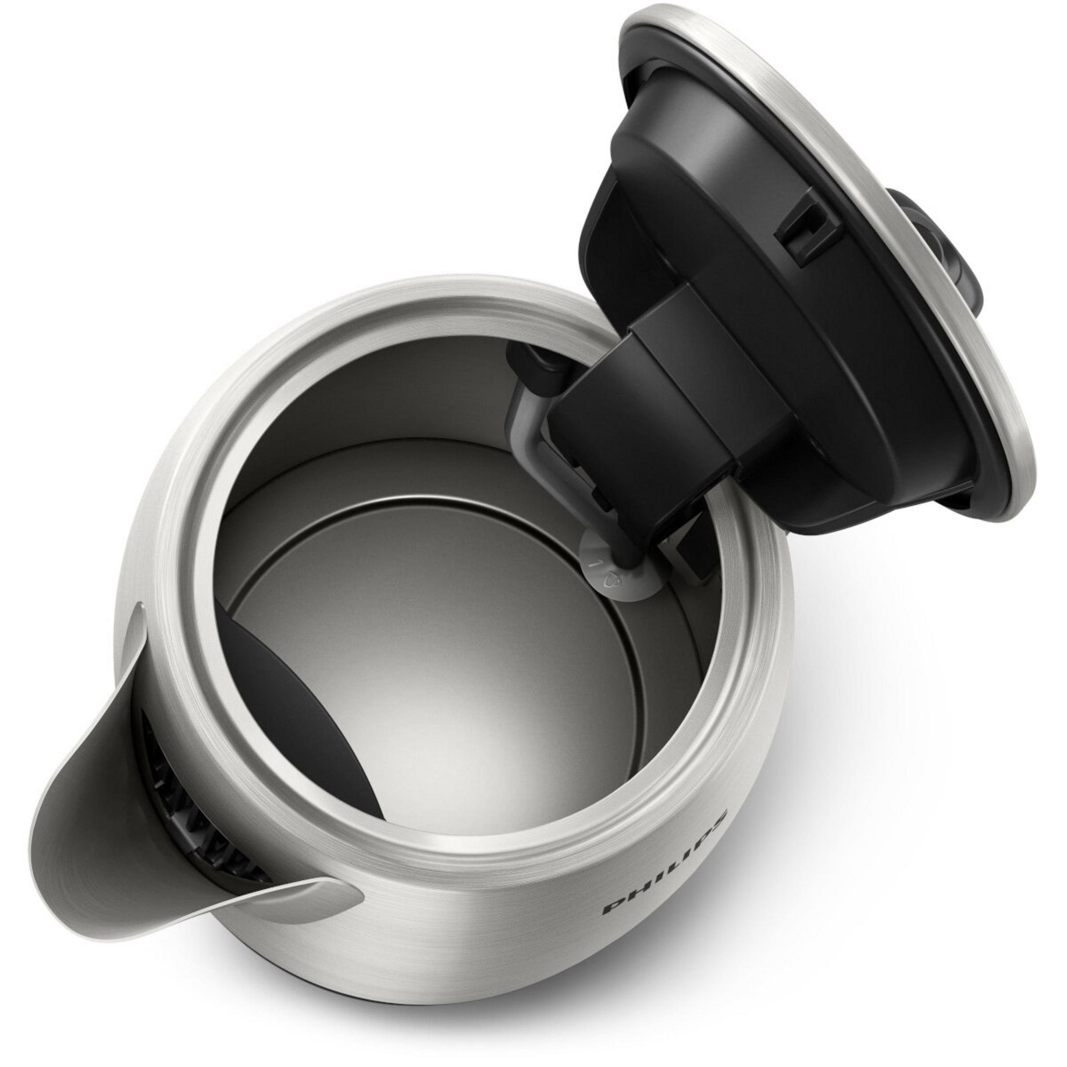 Brushed metal kettle with open black lid. Interior shows water level marker.