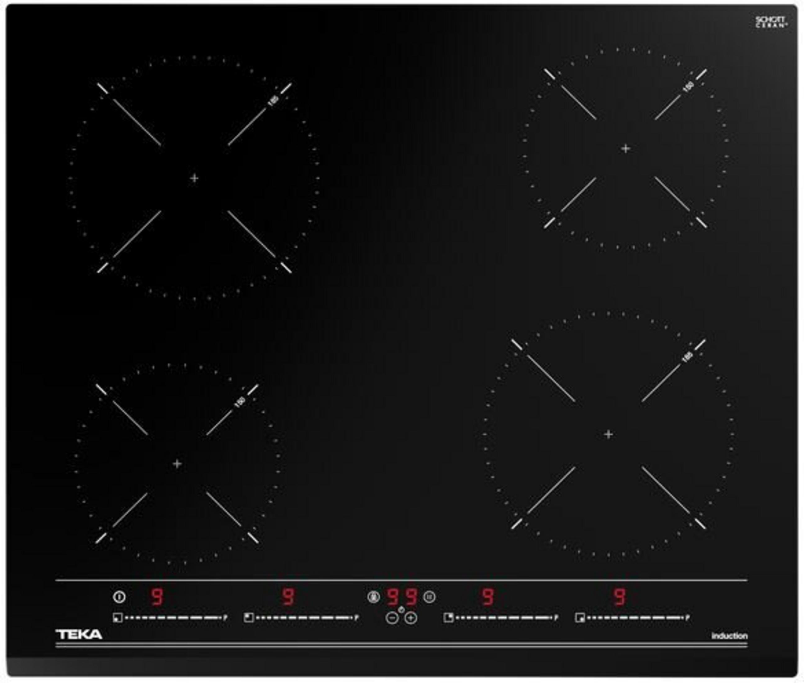 Placa de inducción negra con cuatro zonas de cocción y controles digitales.