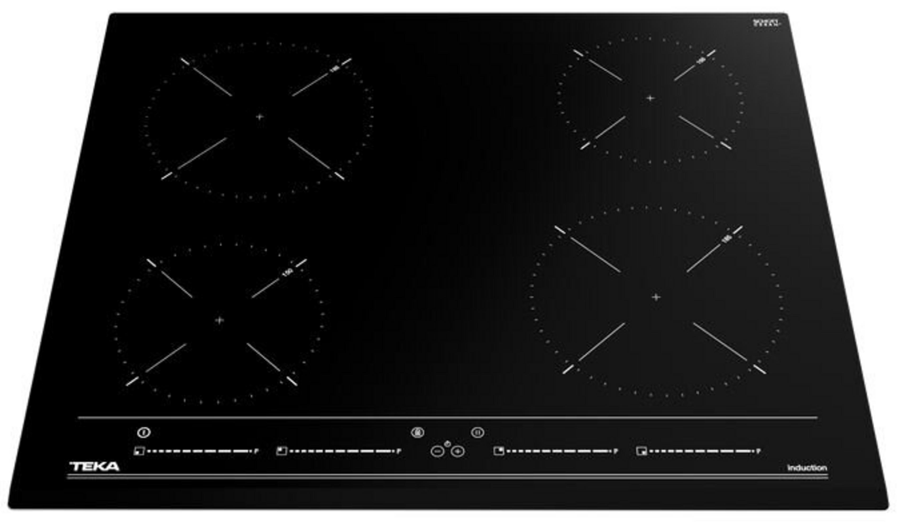 Placa de inducción negra con cuatro zonas de cocción y controles táctiles.