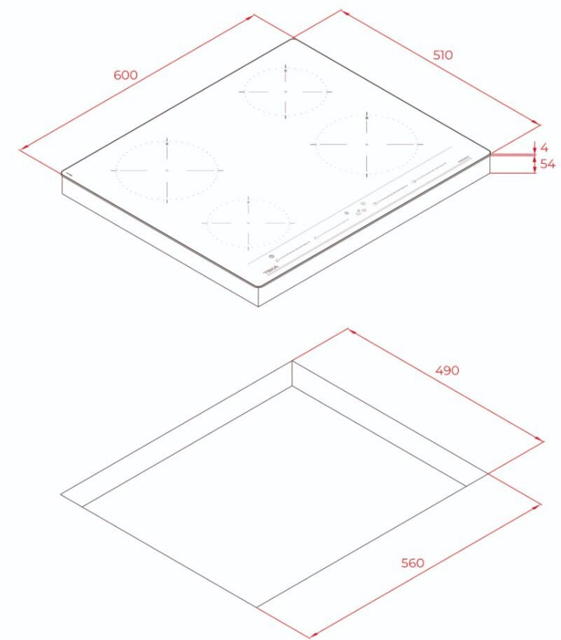 Płyta indukcyjna z czterema strefami gotowania, wymiary 600x510x54 mm.