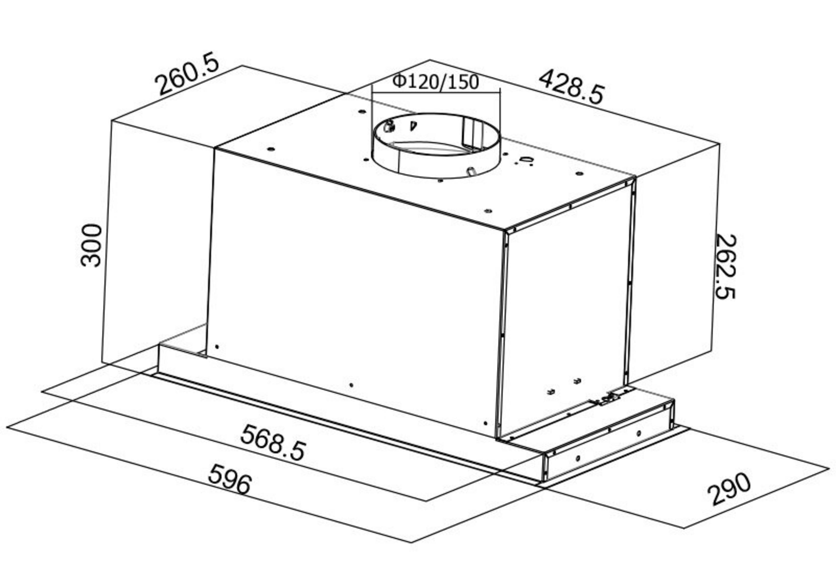 Rysunek techniczny okapu kuchennego z wymiarami. Na górze znajduje się cylindryczny otwór wentylacyjny.