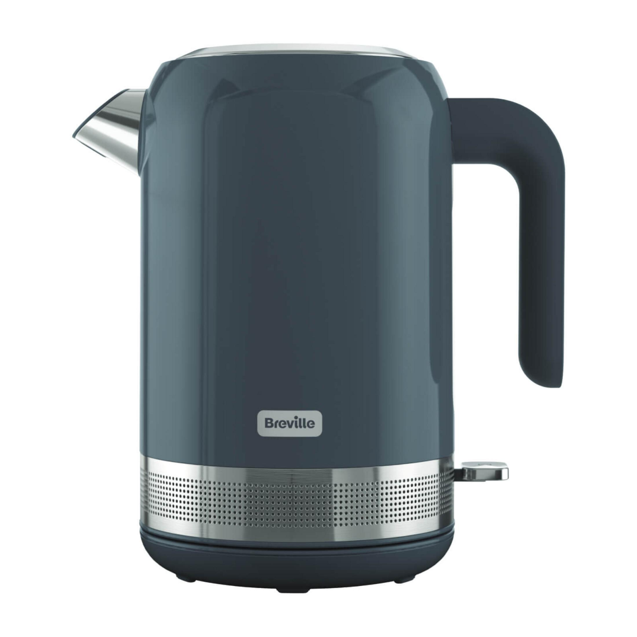 Ein dunkelgrauer Breville Wasserkocher mit gebürstetem Metallsockel und Akzenten.