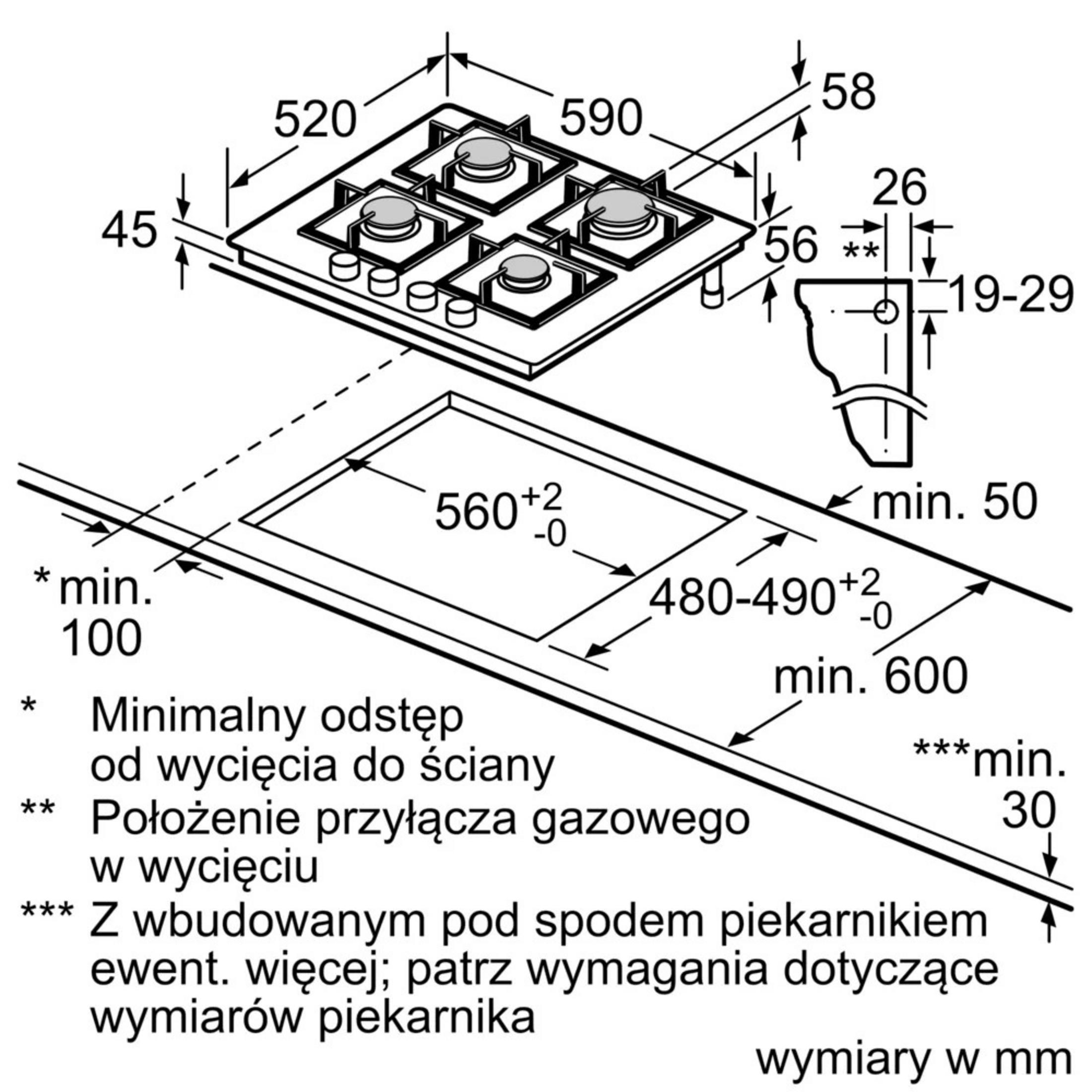 Rysunek techniczny płyty gazowej z wymiarami w mm.