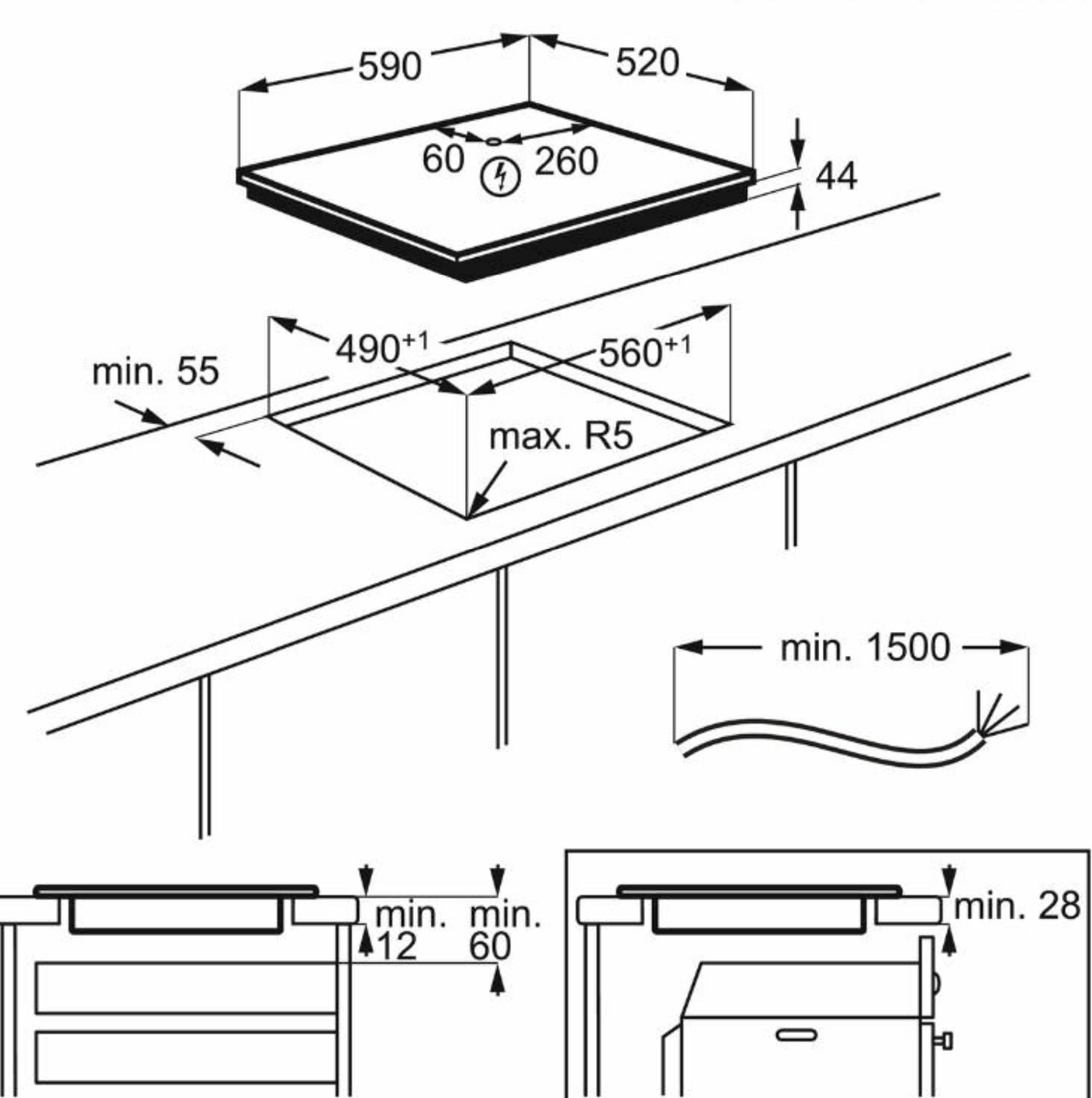 Diagram przedstawiający wymiary instalacji płyty grzewczej: płyta 590x520mm, wycięcie 560+1x490+1mm.
