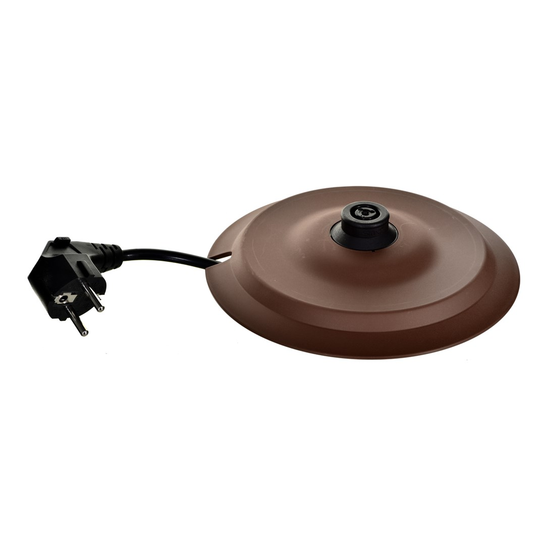 Brązowa pokrywa z czarną wtyczką i kablem na białym tle.