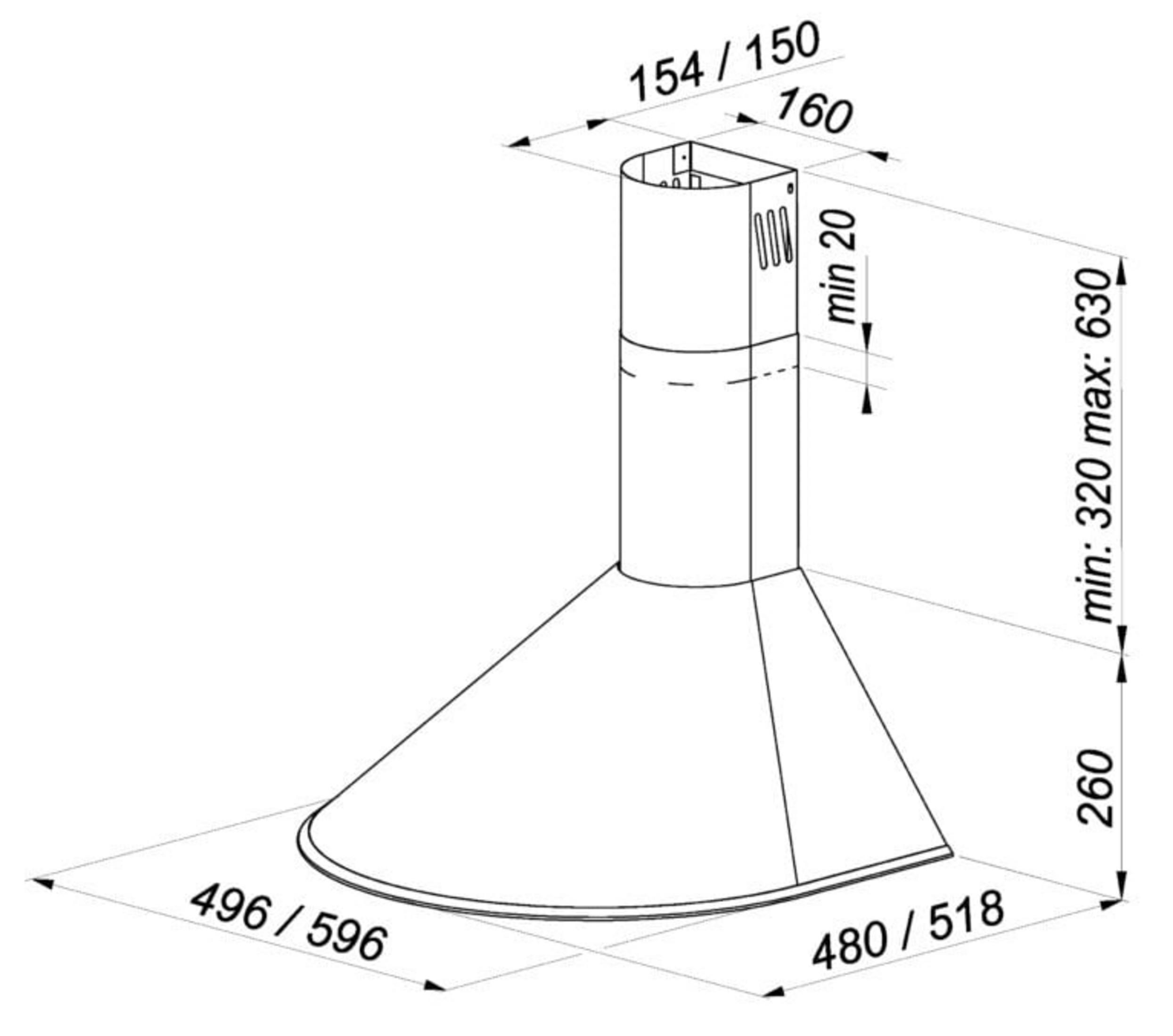 Rysunek techniczny okapu kuchennego z wymiarami. Pokazuje szerokość, głębokość i wysokość.
