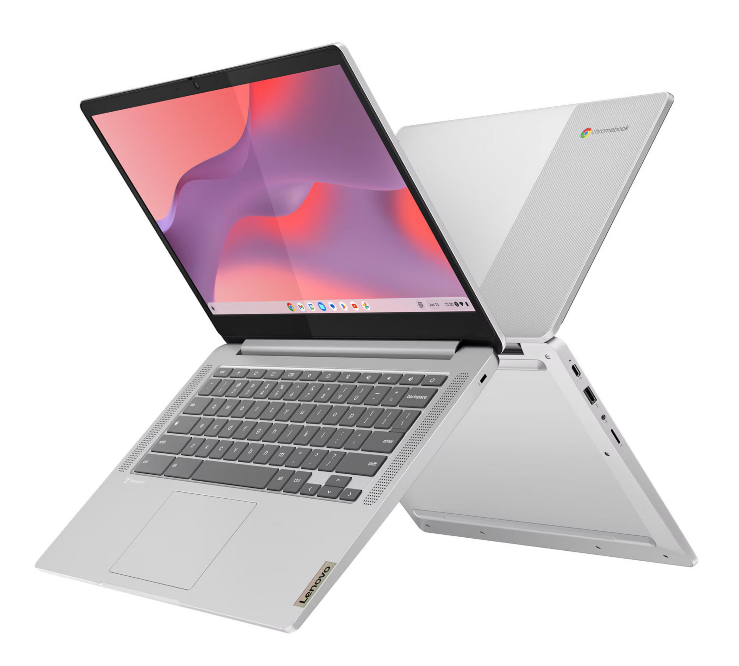 Silberner Lenovo Chromebook geöffnet, zeigt Tastatur und Bildschirm mit abstraktem Hintergrundbild.