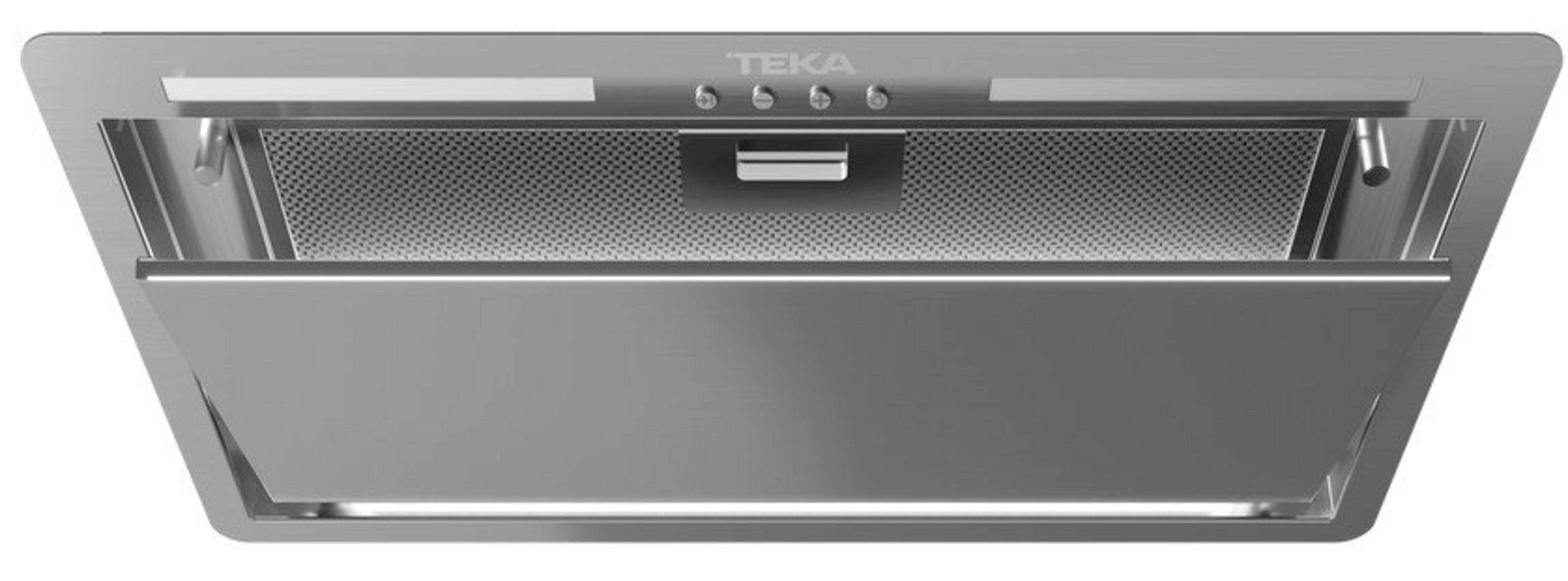 Cappa in acciaio inox con pannello comandi argentato e luci.
