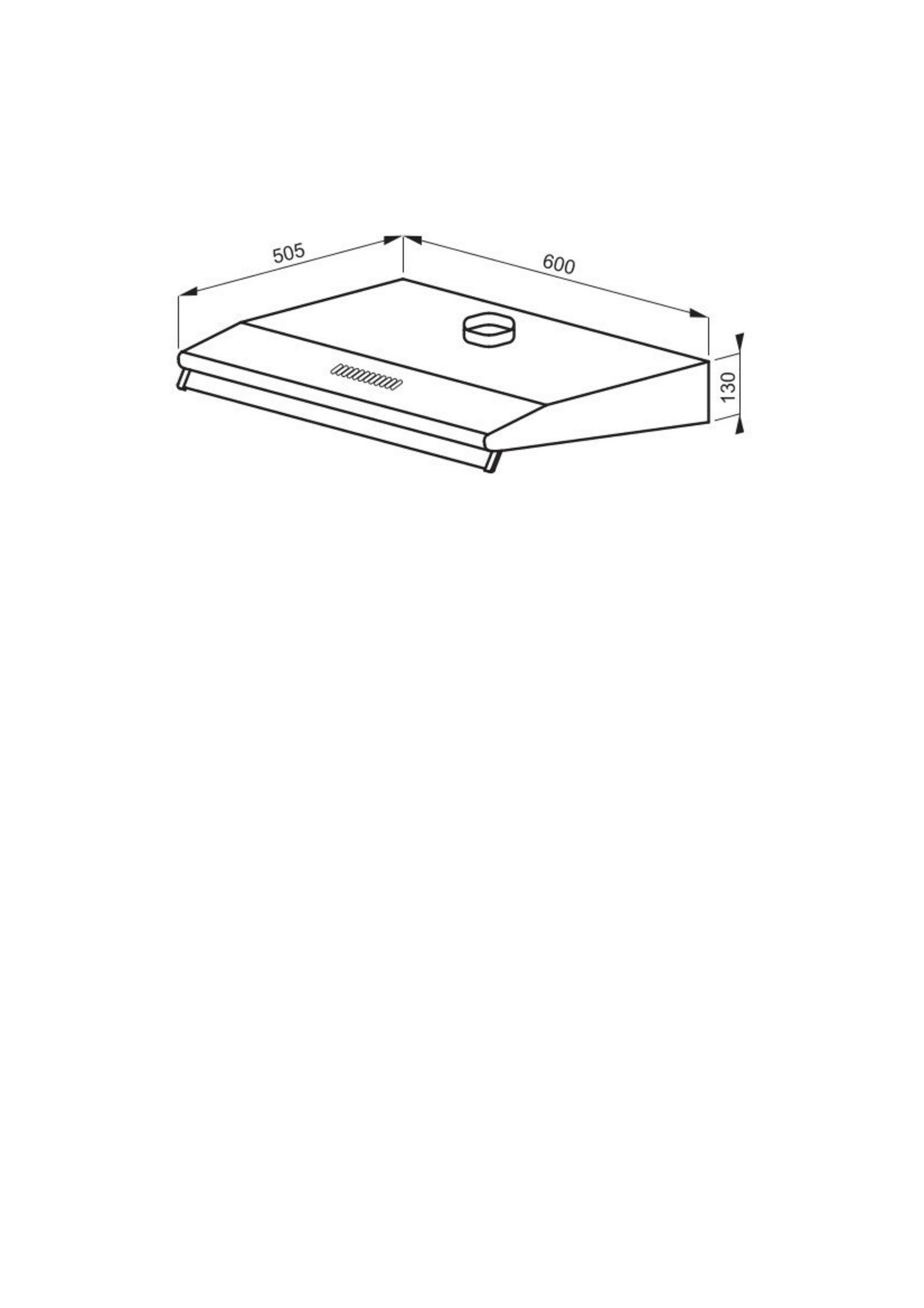 Rysunek techniczny okapu kuchennego o wymiarach 505x600x130 mm.