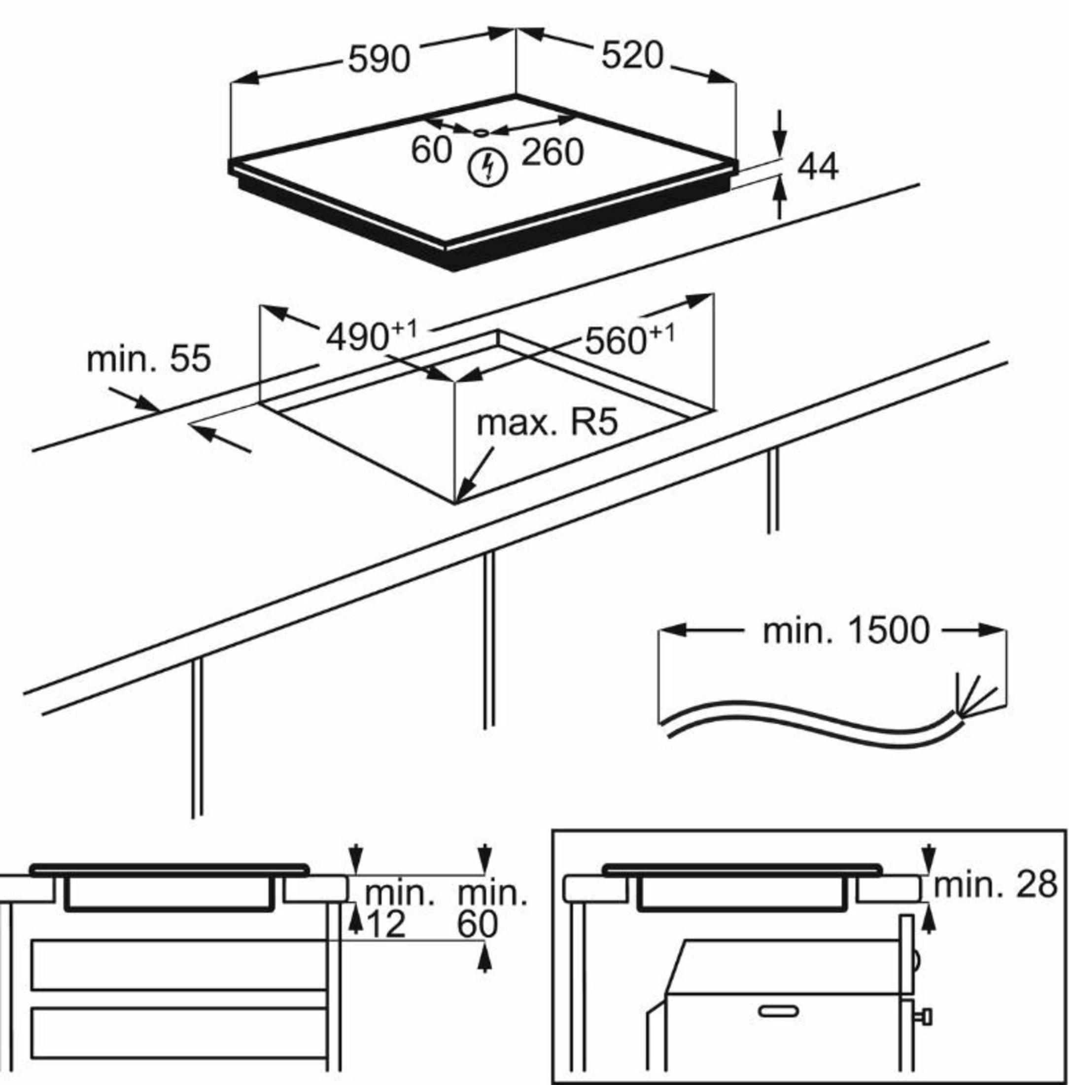 Schemat przedstawia wymiary instalacyjne płyty grzewczej: 590x520mm, głębokość 44mm.