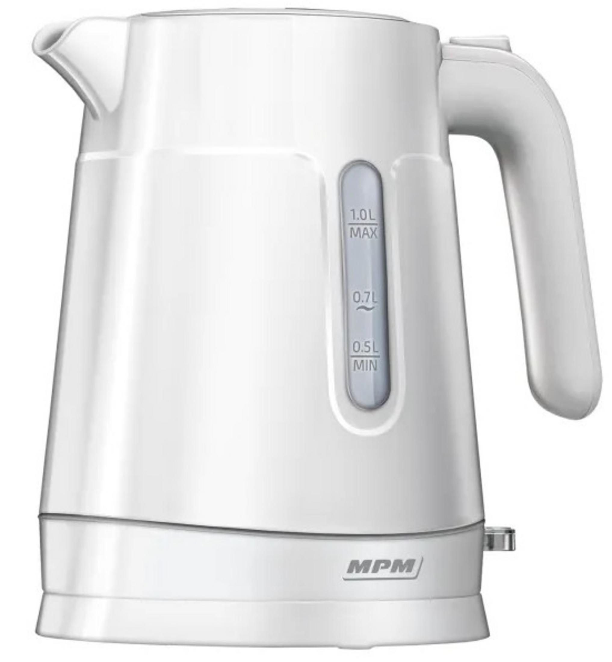 Bollitore elettrico bianco con indicatore livello acqua e logo MPM.