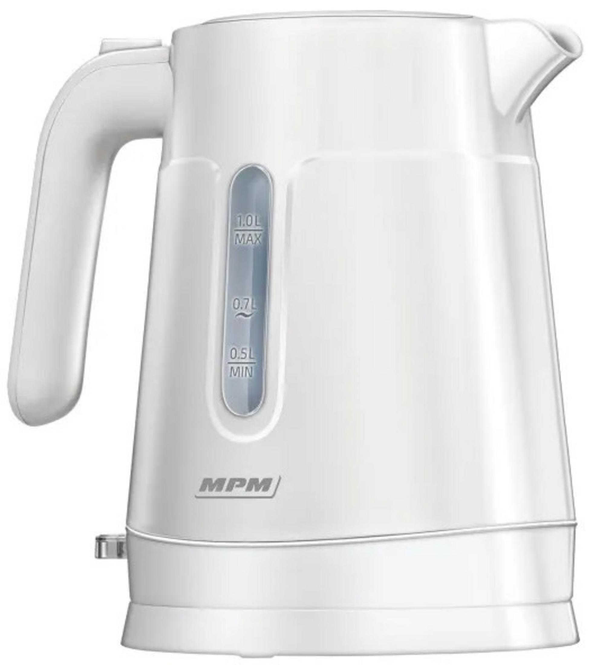 Un bollitore elettrico bianco con un indicatore trasparente del livello dell'acqua.