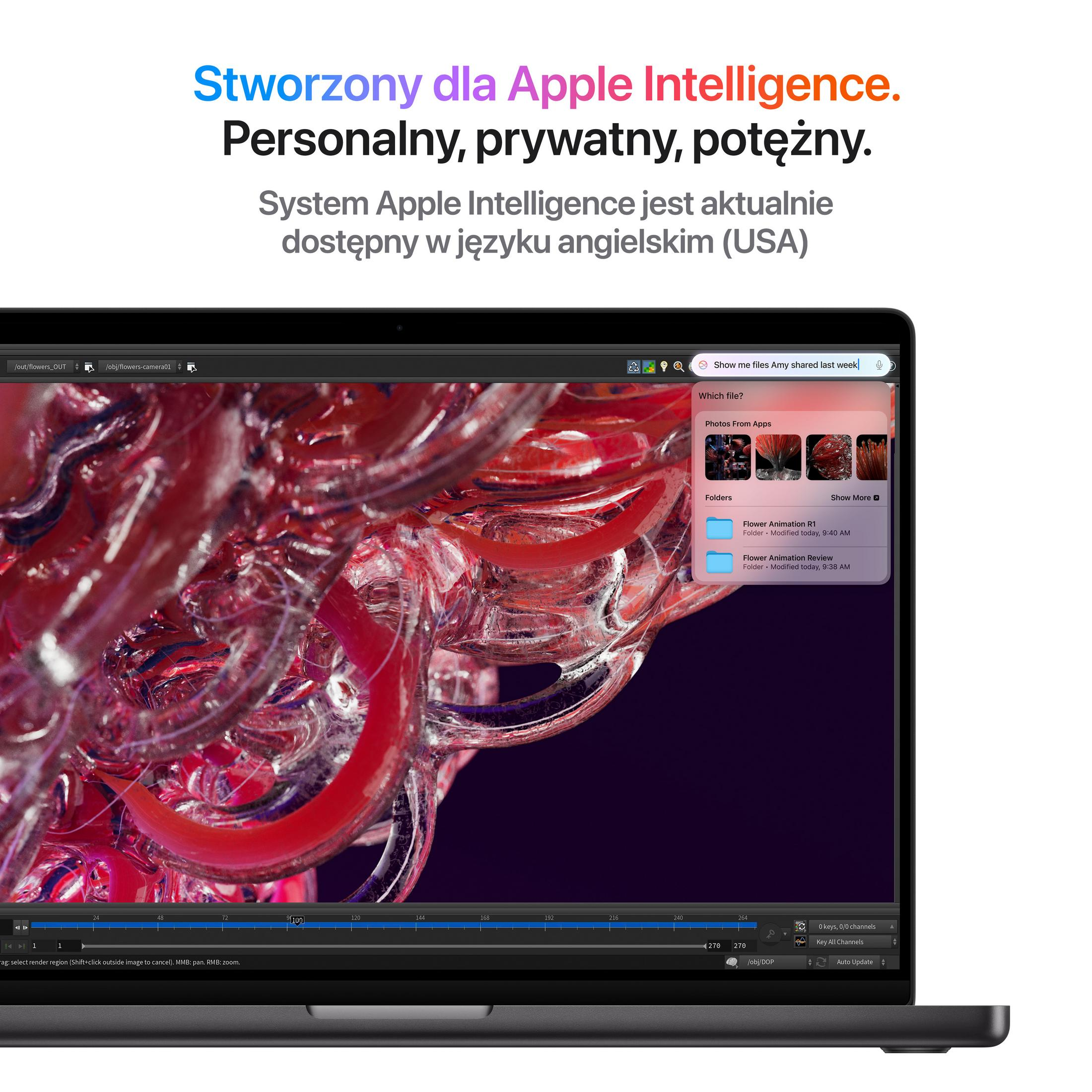 Laptop wyświetla abstrakcyjną czerwoną animację 3D i okno wyszukiwania z plikami.