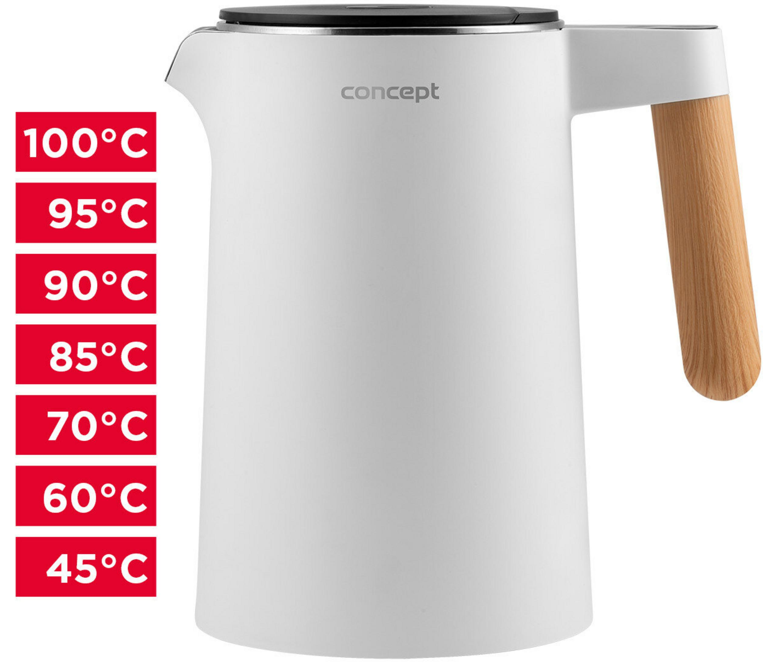 Bouilloire blanche à manche en bois, indiquant les réglages de température 45-100°C.