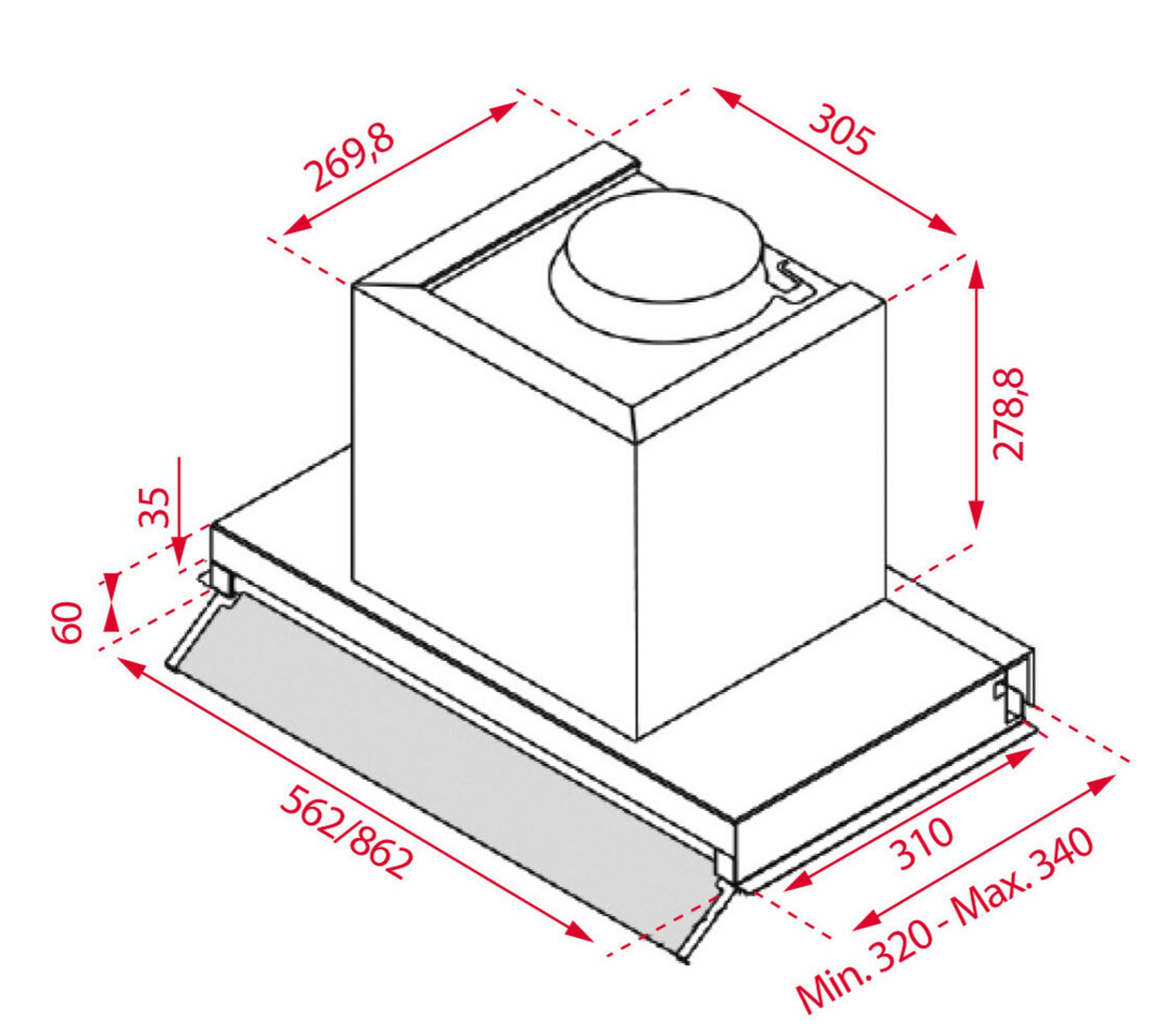 Rysunek techniczny okapu kuchennego z wymiarami. Białe tło.
