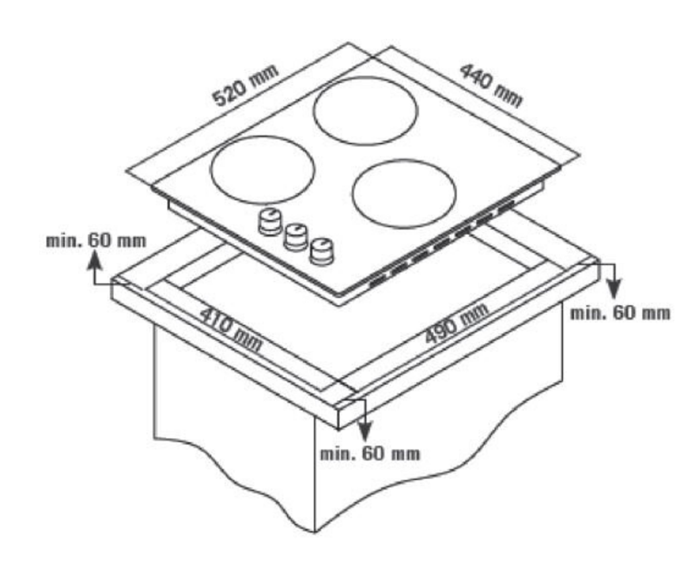 Schemat przedstawia płytę grzewczą z czterema palnikami, wymiary i prześwit.