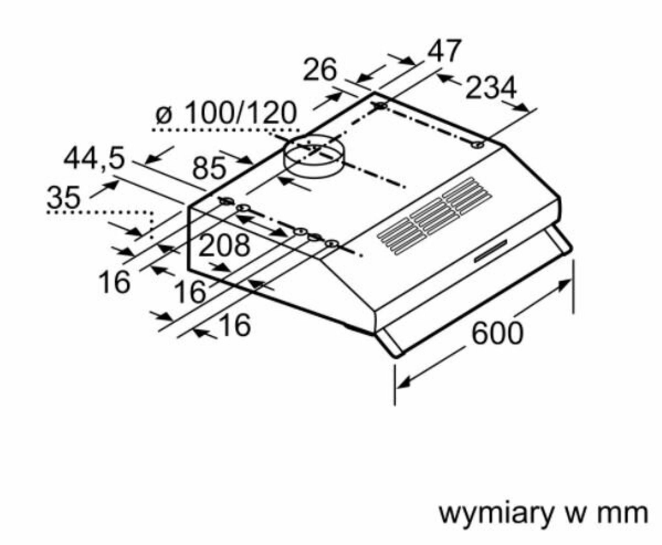 Rysunek techniczny okapu kuchennego z wymiarami w mm.