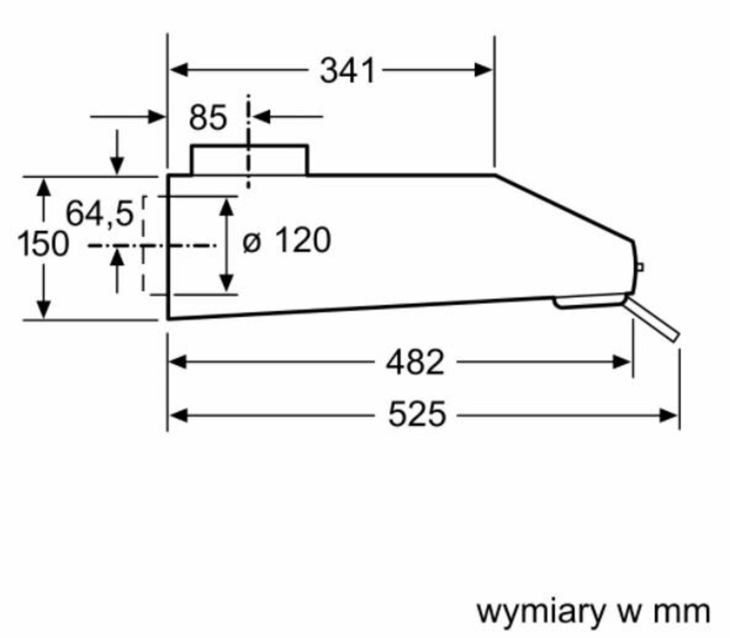 Rysunek techniczny z wymiarami, pokazujący widok z boku obiektu.