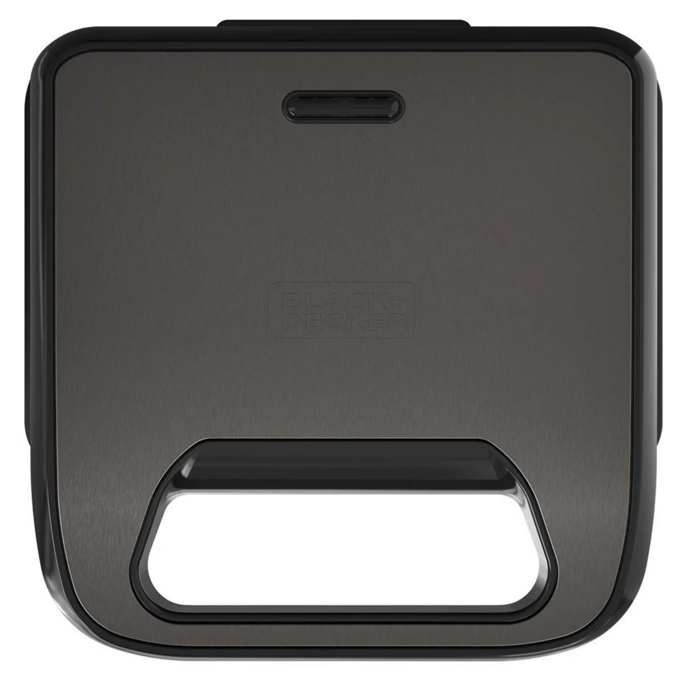 Ciemny, prostokątny toster z uchwytem pośrodku.