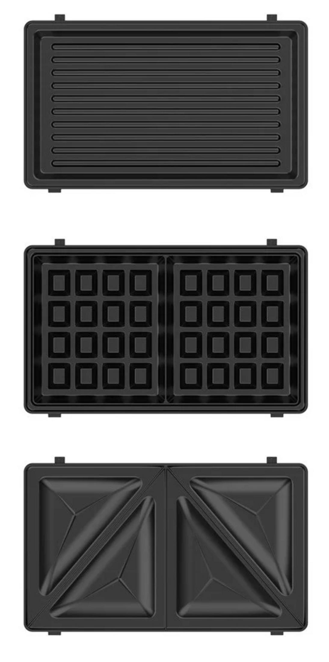 Czarny opiekacz do kanapek z płytami: żebrowaną, gofrową i trójkątną.