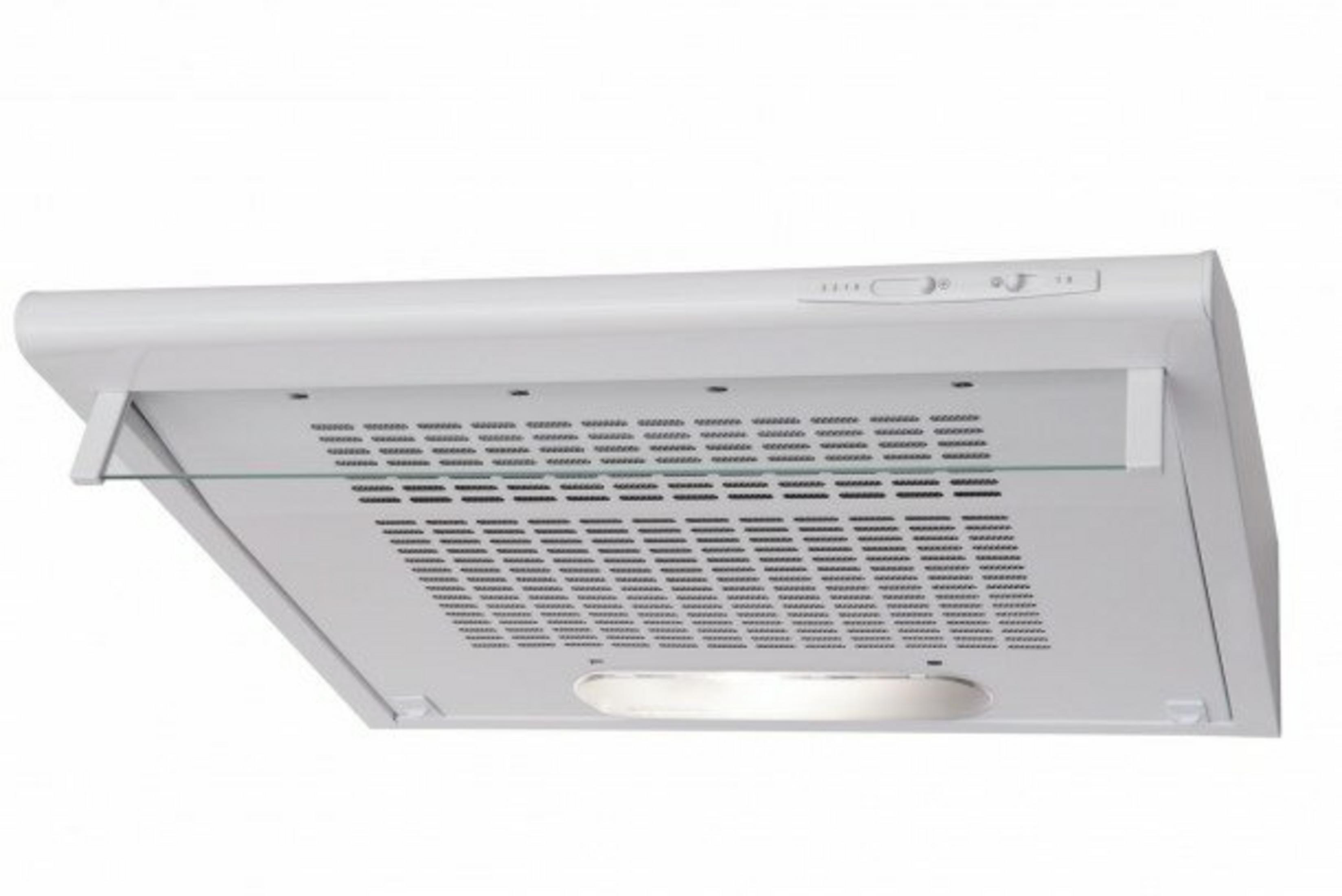 Biały okap kuchenny ze szklaną półką i oświetleniem.