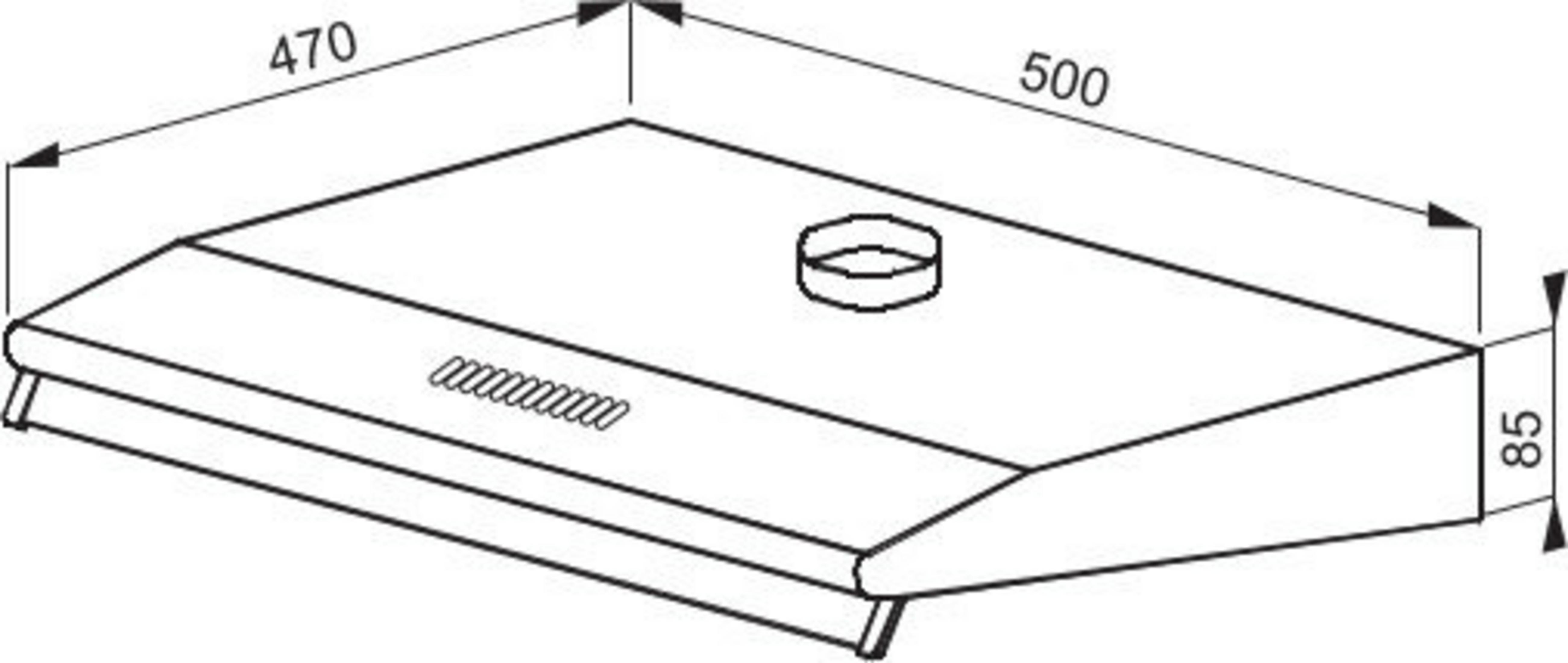 Rysunek techniczny okapu kuchennego. Wymiary 470x500x85mm. Z okrągłym otworem wentylacyjnym.