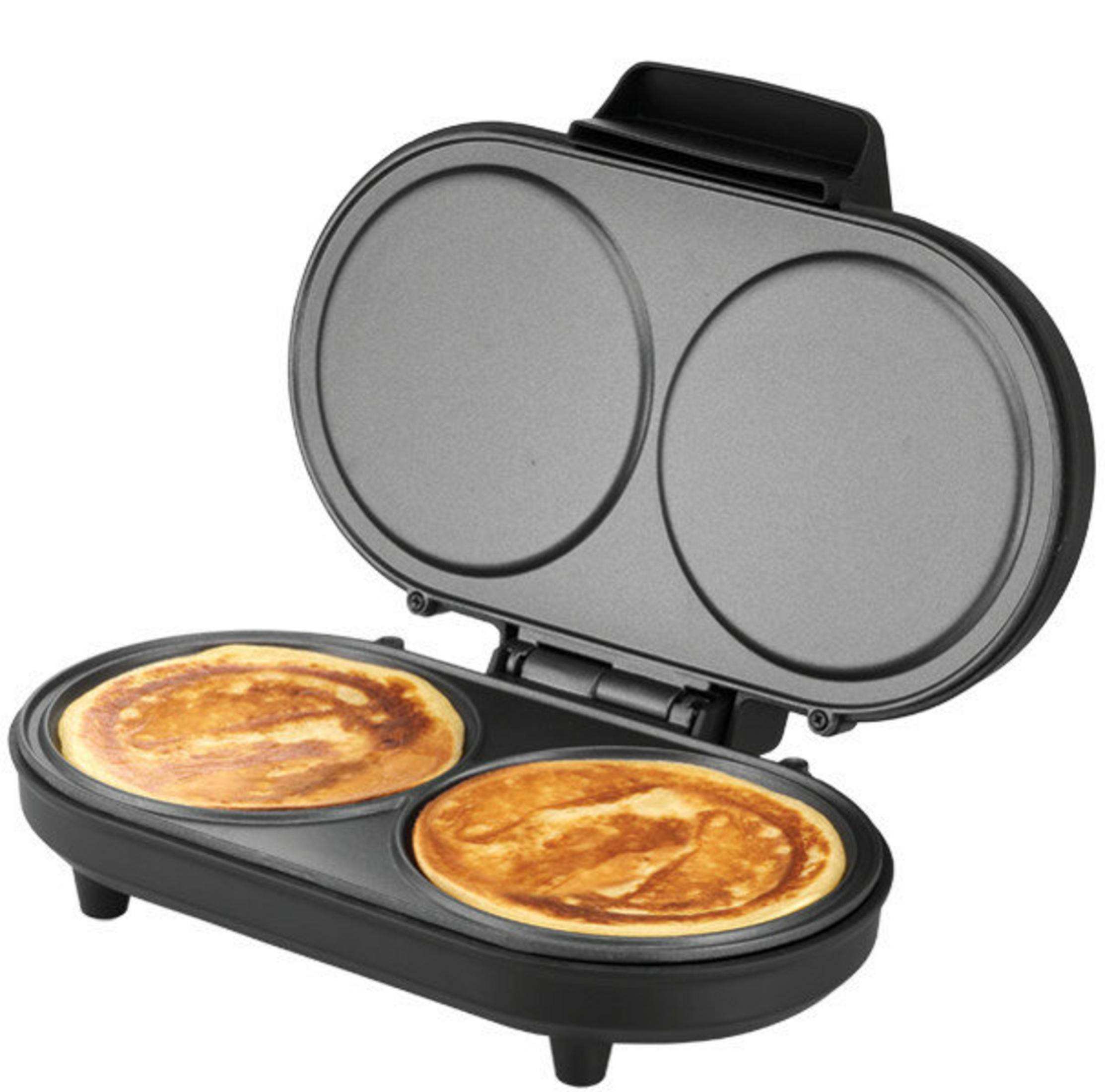 Otwarta, czarna maszyna do naleśników z dwoma złocistobrązowymi naleśnikami.