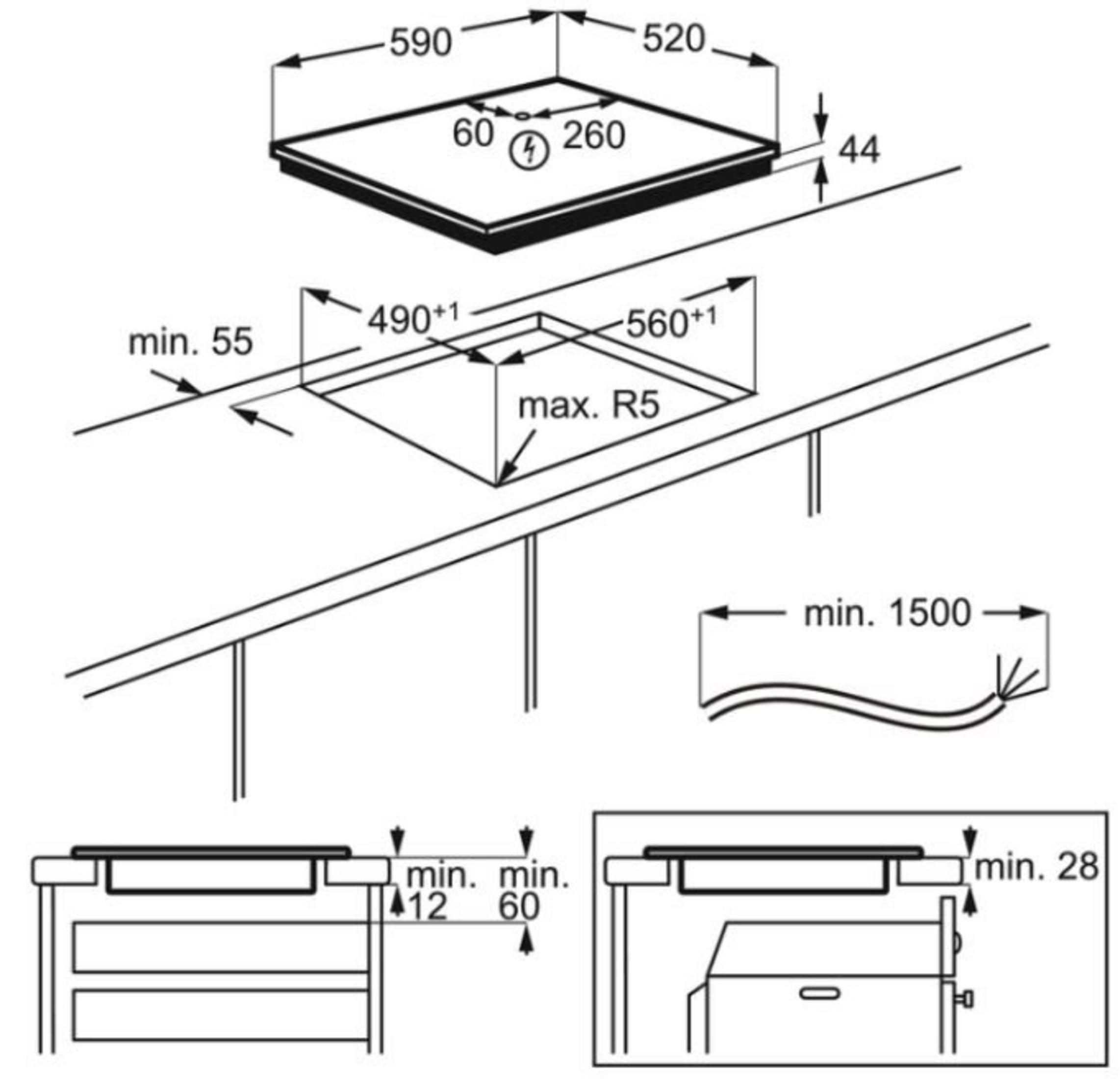 Wymiary techniczne montażu płyty, pokazujące wycięcie i odległości.
