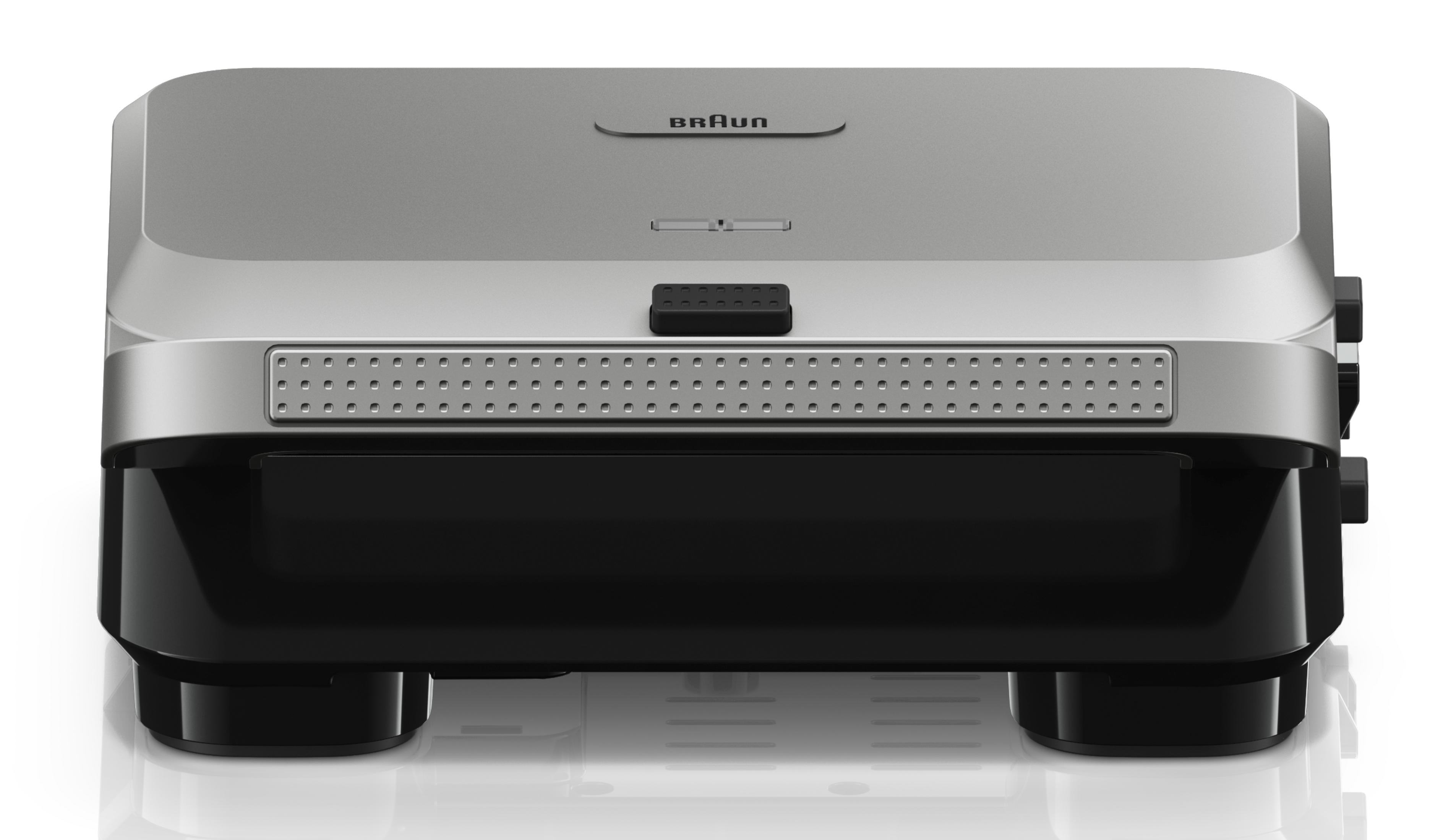 Silver Braun waffle maker with black base and ventilation slots.