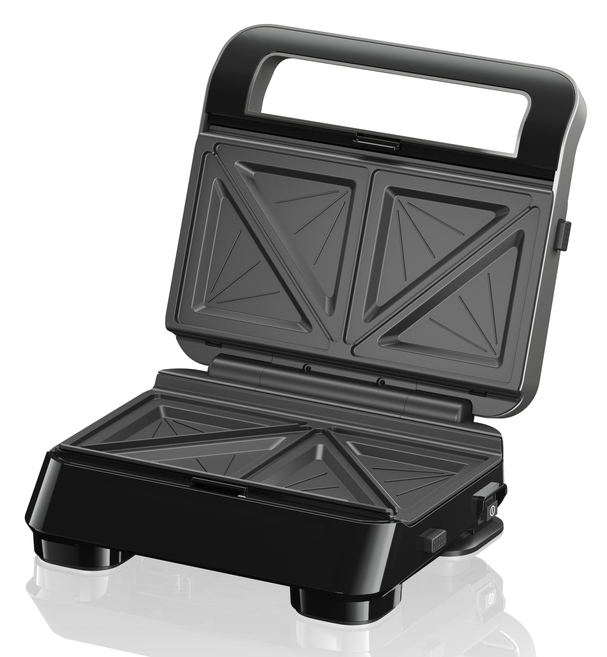 Open black sandwich maker with triangular plates on a white background.