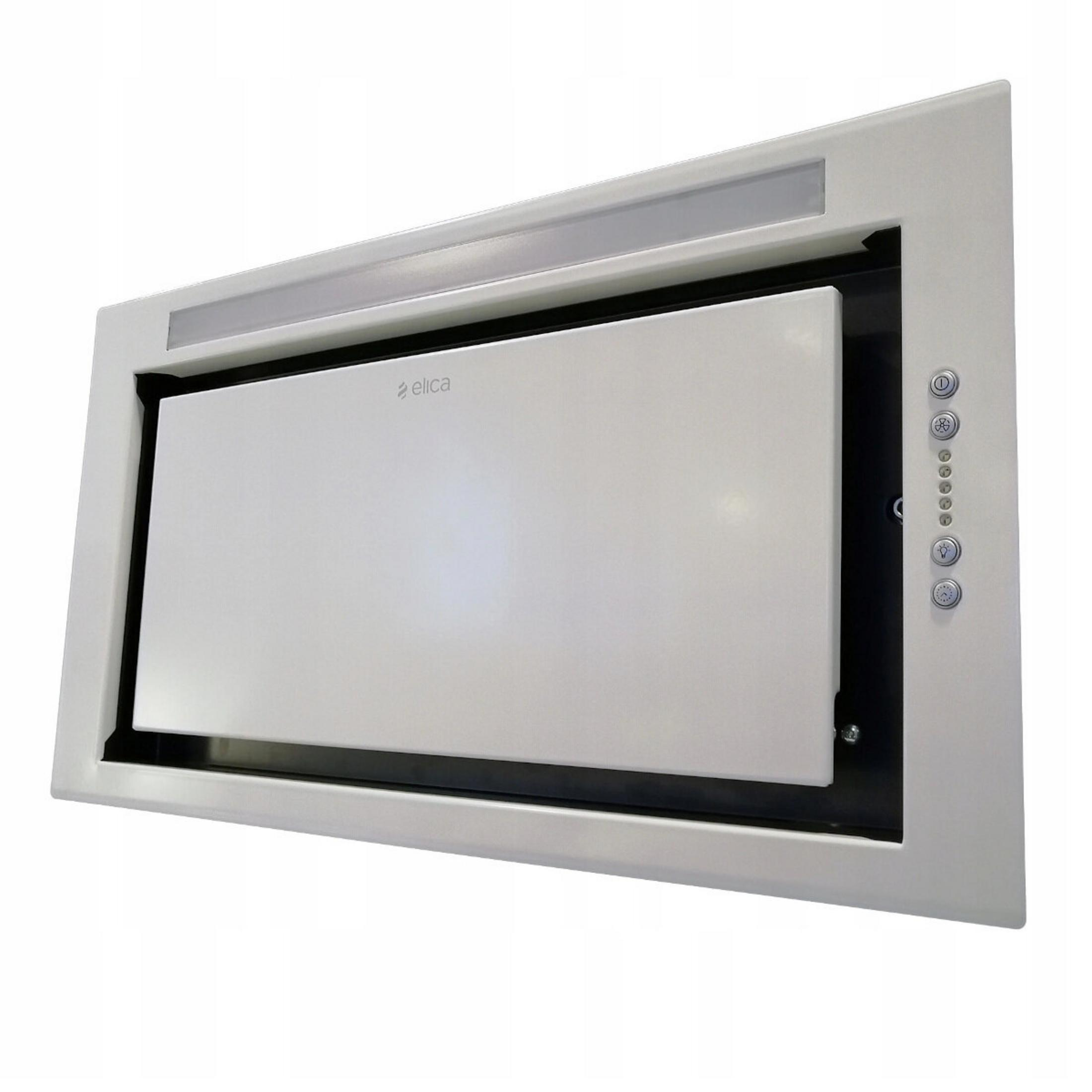 Biały okap kuchenny z panelem sterowania i zintegrowanym paskiem świetlnym.