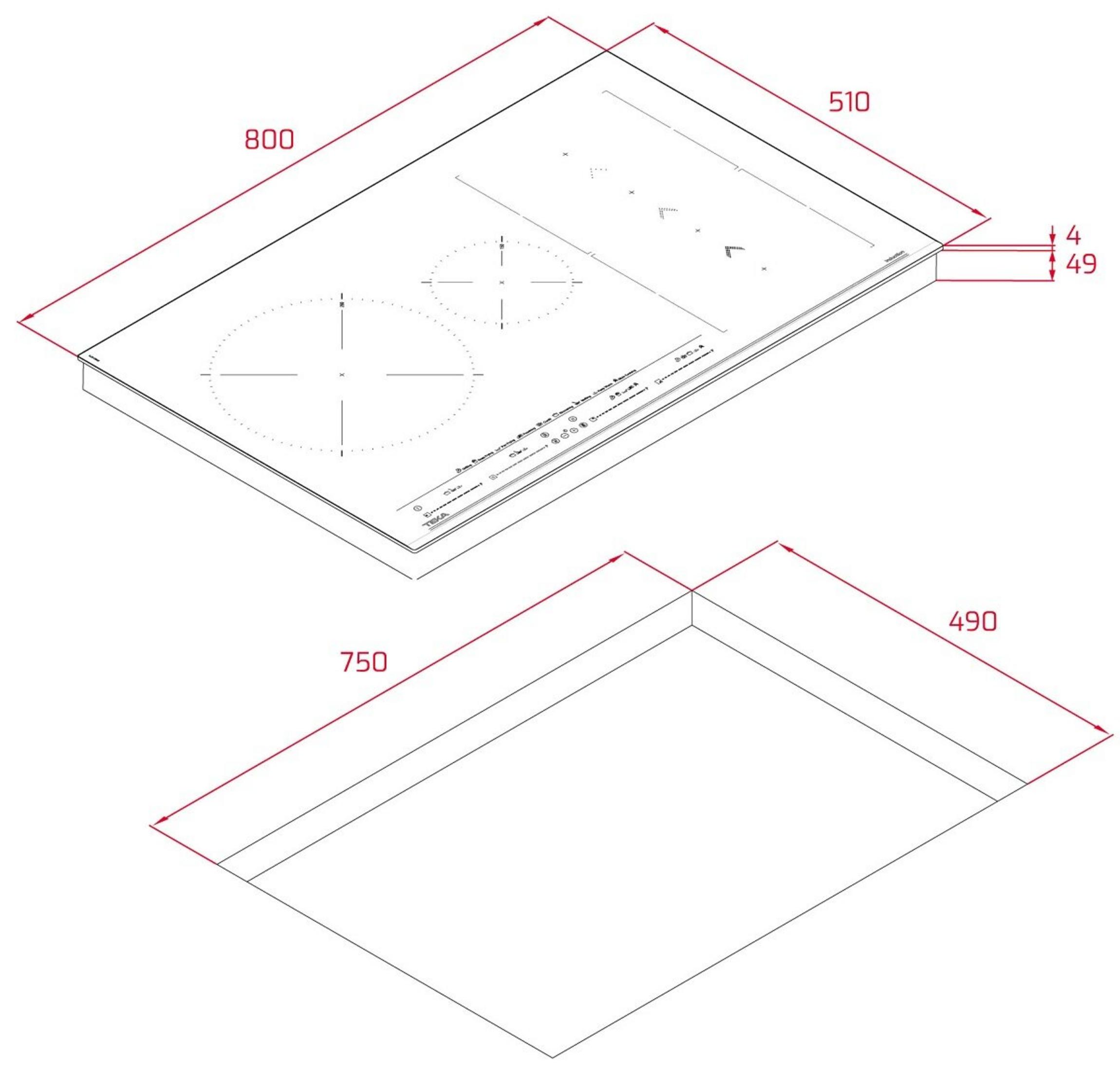 Rysunek techniczny płyty grzewczej z wymiarami: 800x510 mm.