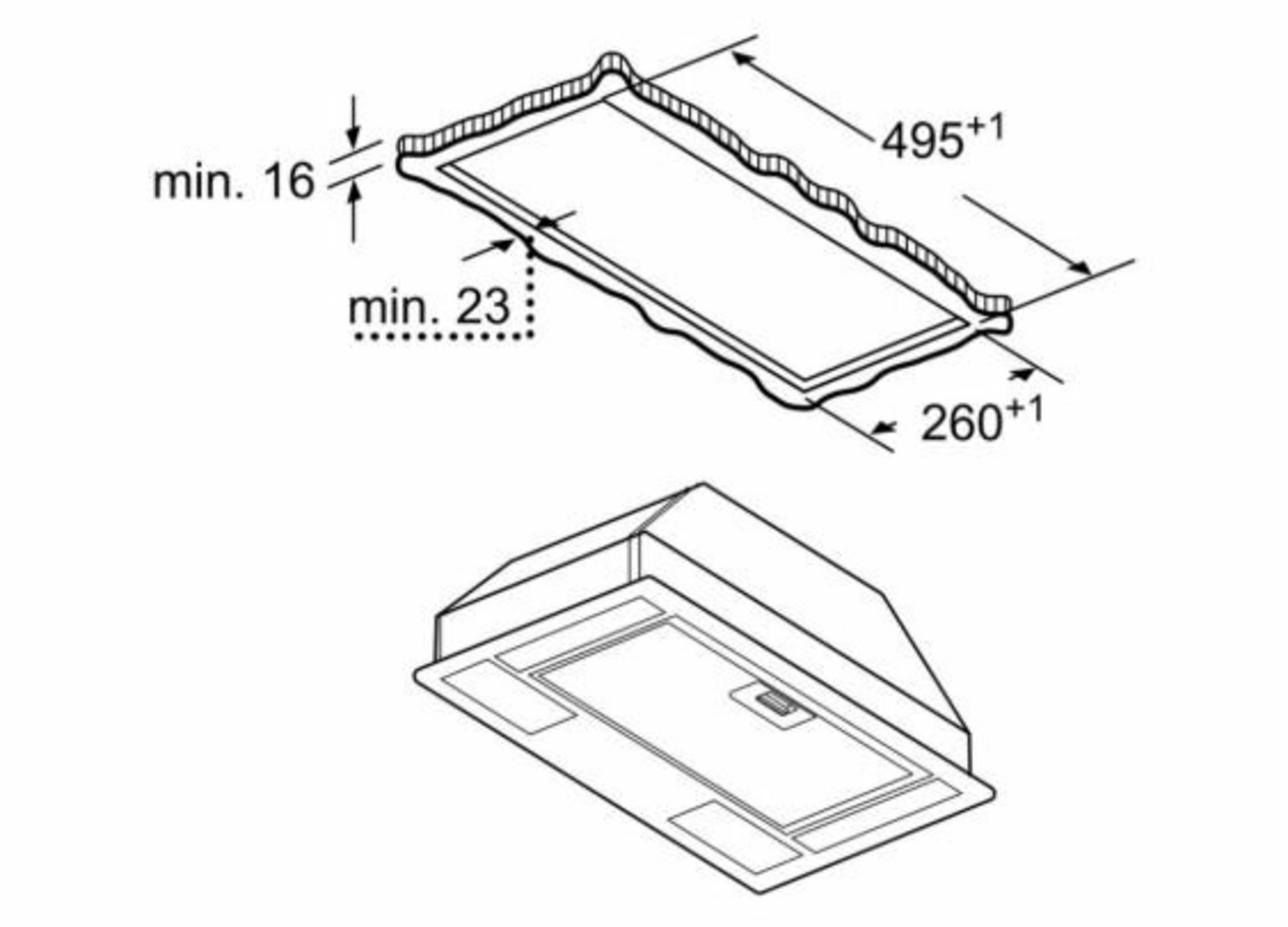 Schemat przedstawia wymiary urządzenia. Widok z góry: 495+1 i 260+1. Widok z boku: min. 16 i min. 23.