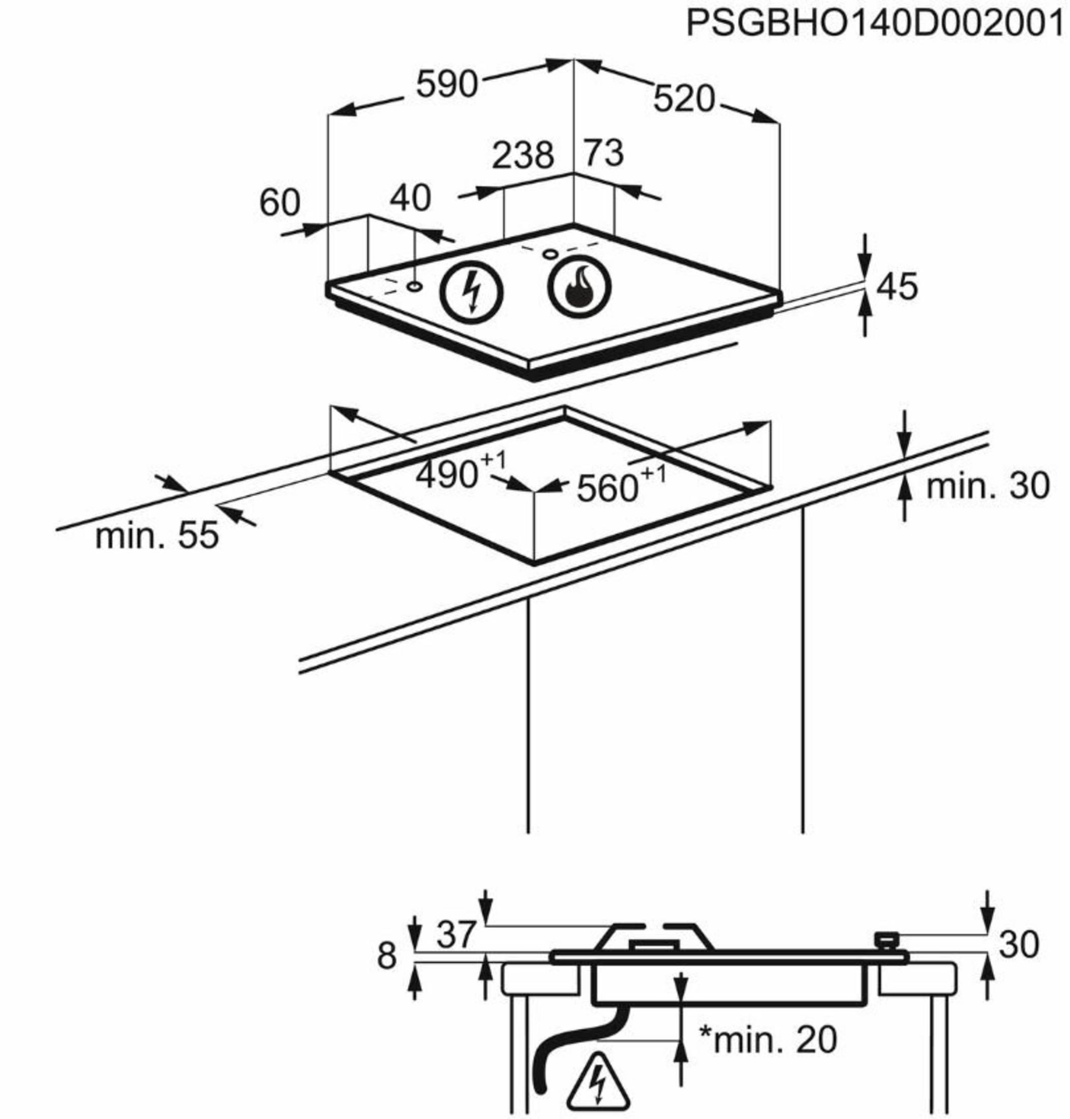 Schemat pokazujący wymiary instalacji płyty grzewczej. Zawiera wymiary w mm.