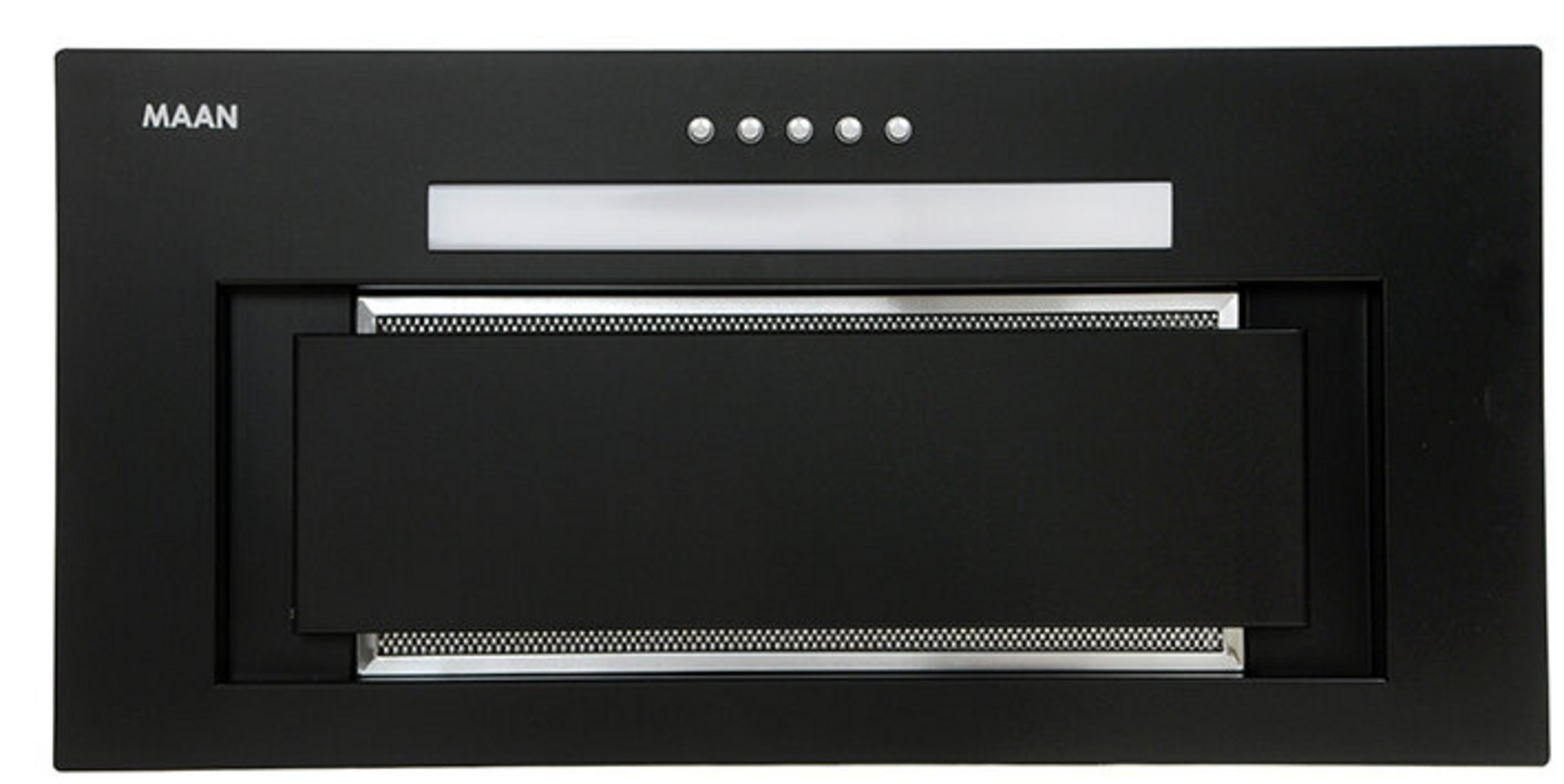 Czarny okap MAAN z czterema przyciskami i listwą świetlną.