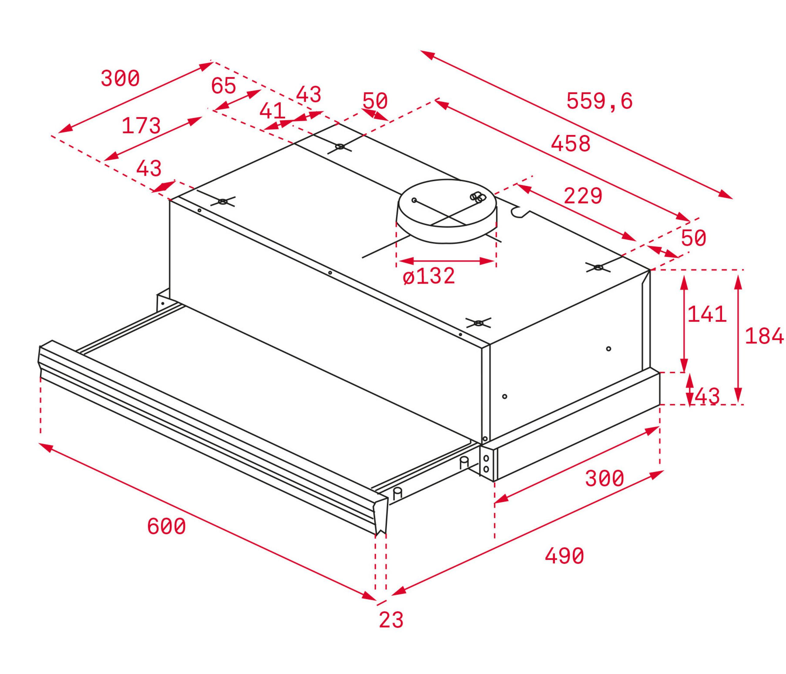 Rysunek techniczny okapu z wymiarami.