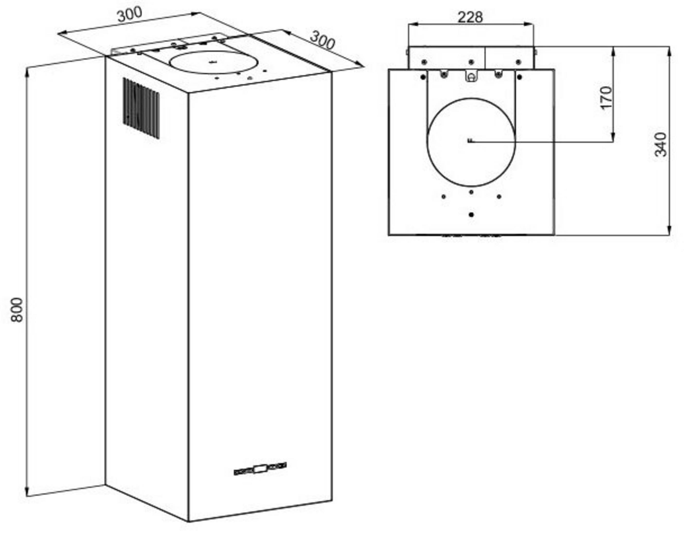 Rysunek techniczny prostokątnego urządzenia z wymiarami.