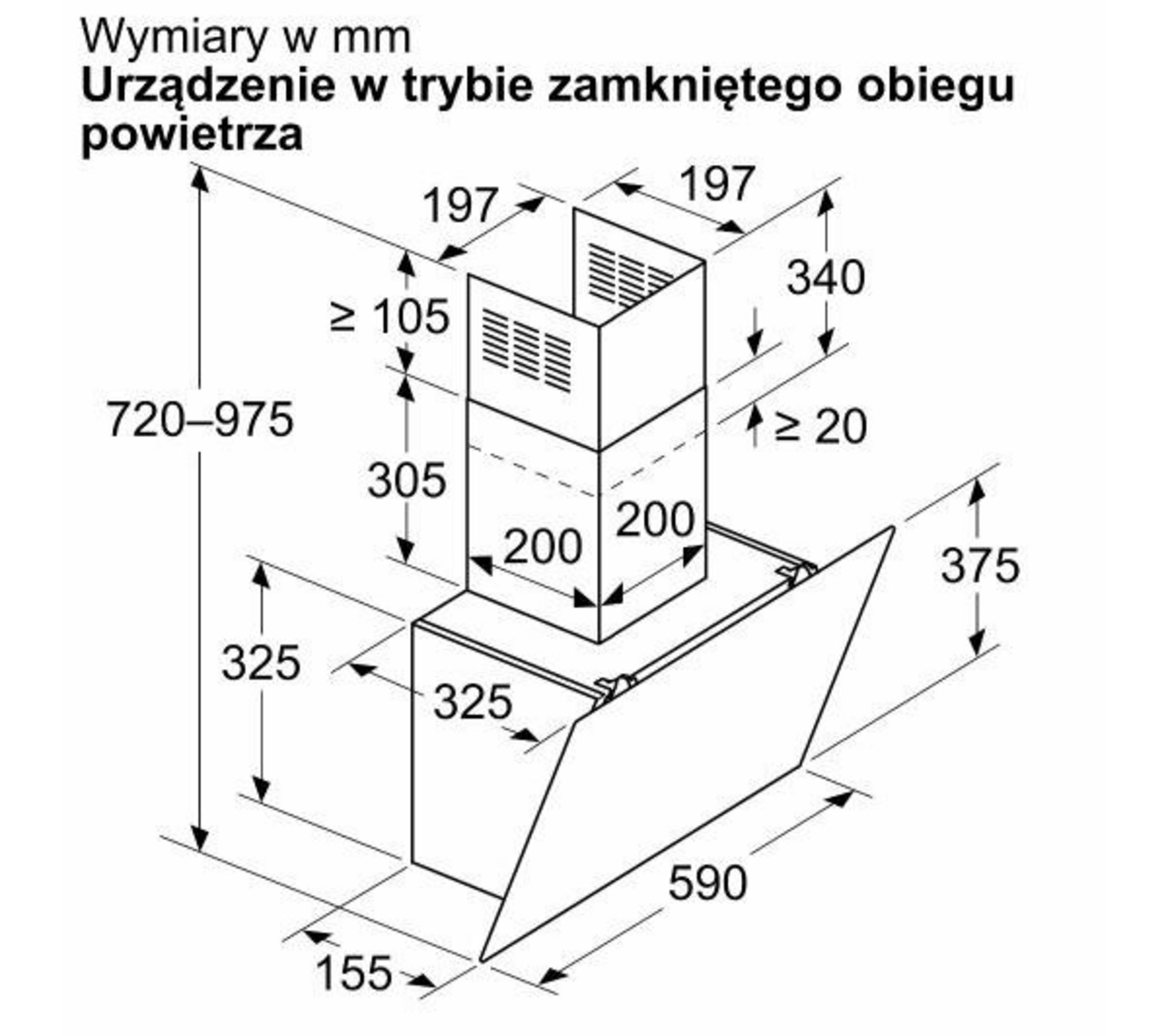 Rysunek techniczny okapu z wymiarami w mm.