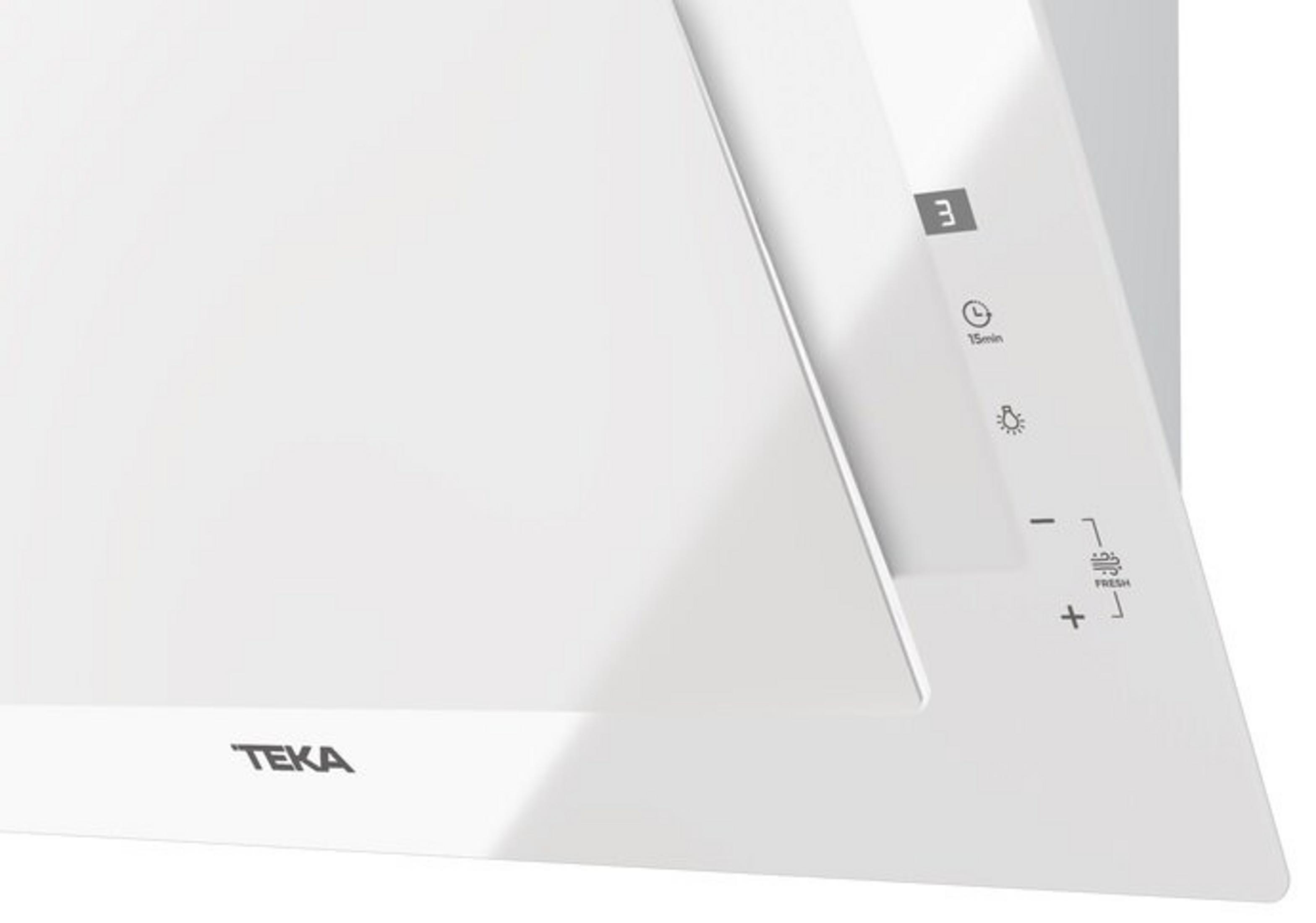 Campana extractora blanca con panel de control: nivel 3, temporizador, luz, +/- y función aire fresco.