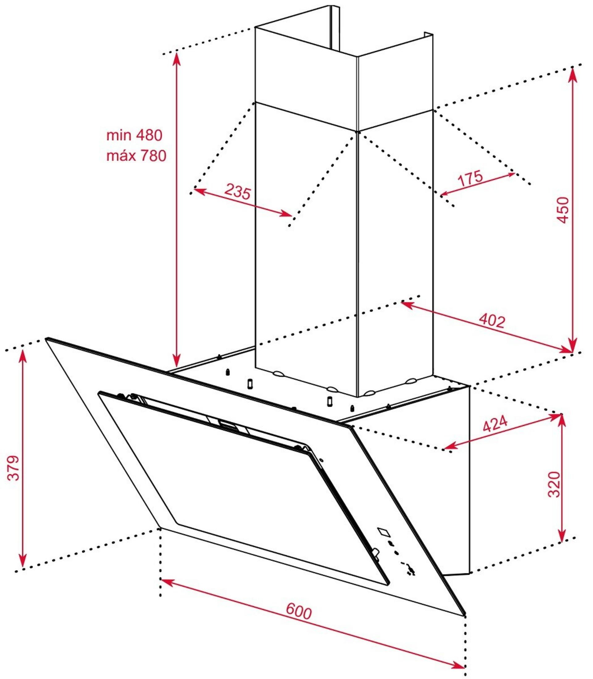 Rysunek techniczny okapu kuchennego z wymiarami. Min wysokość 480, maks 780.